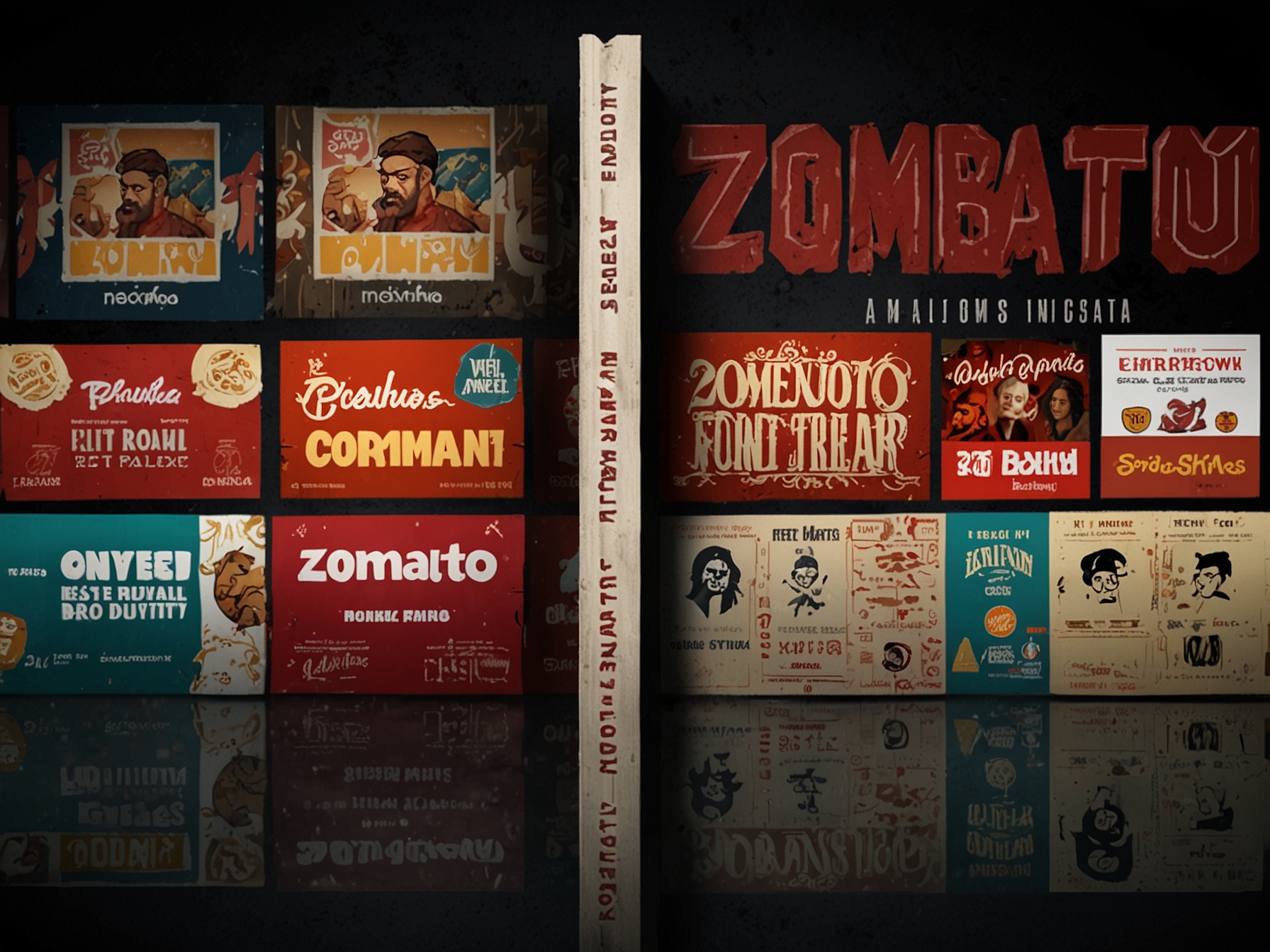 A split-screen graphic of the Zomato and BookMyShow logos, with movie icons and tickets in between, depicting the competitive tension between the two giants in the Indian entertainment market.