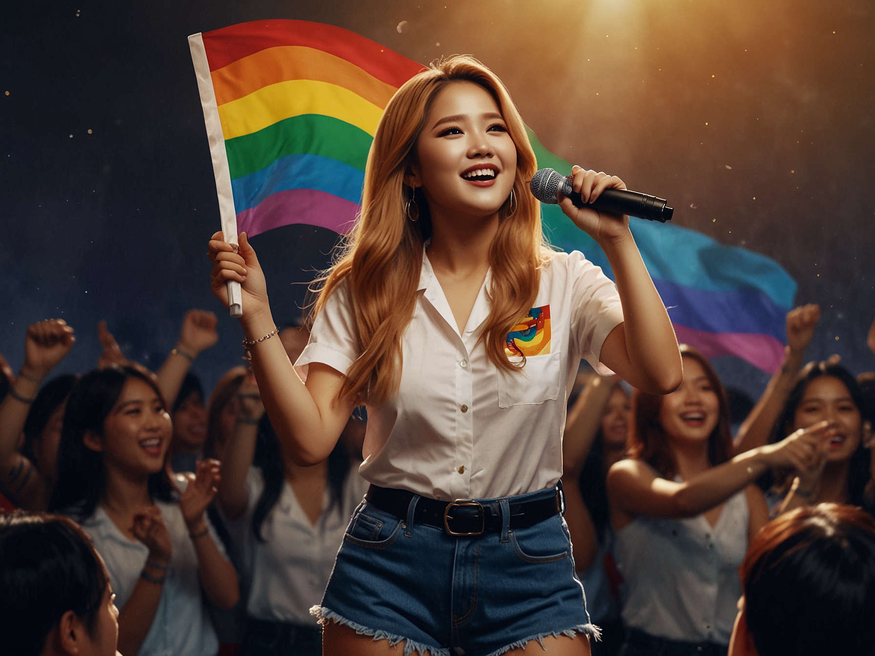 Mamamoo’s Solar performing a powerful rendition of 'Pantropiko' while holding a rainbow flag, captivating both her fans and the members of BINI during her concert in Parañaque.