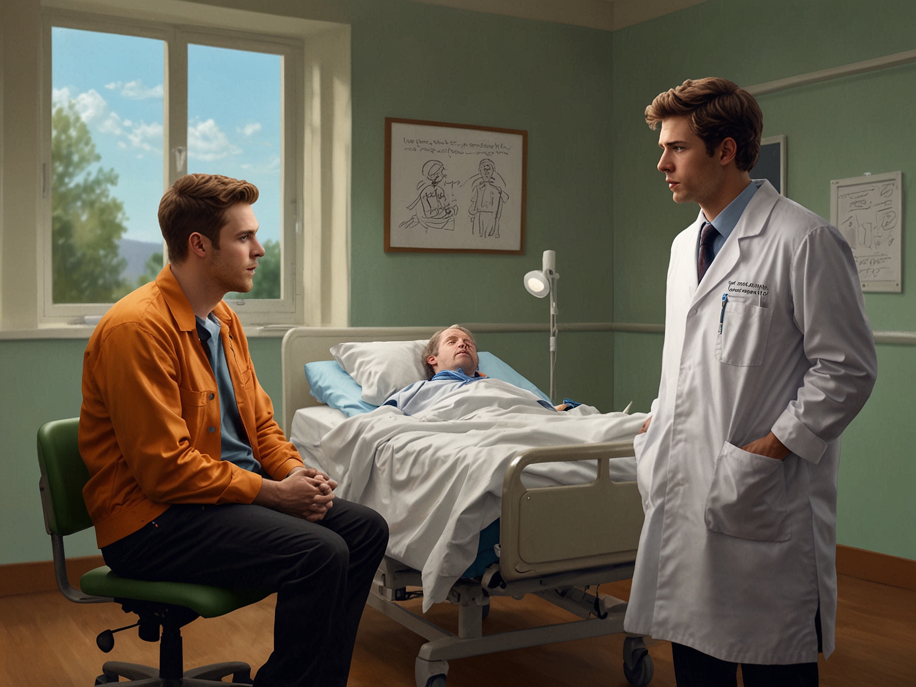 Dylan Keogh and the no-nonsense newcomer engage in a heated discussion over a patient's treatment plan in the hospital, showcasing their strong-willed personalities.
