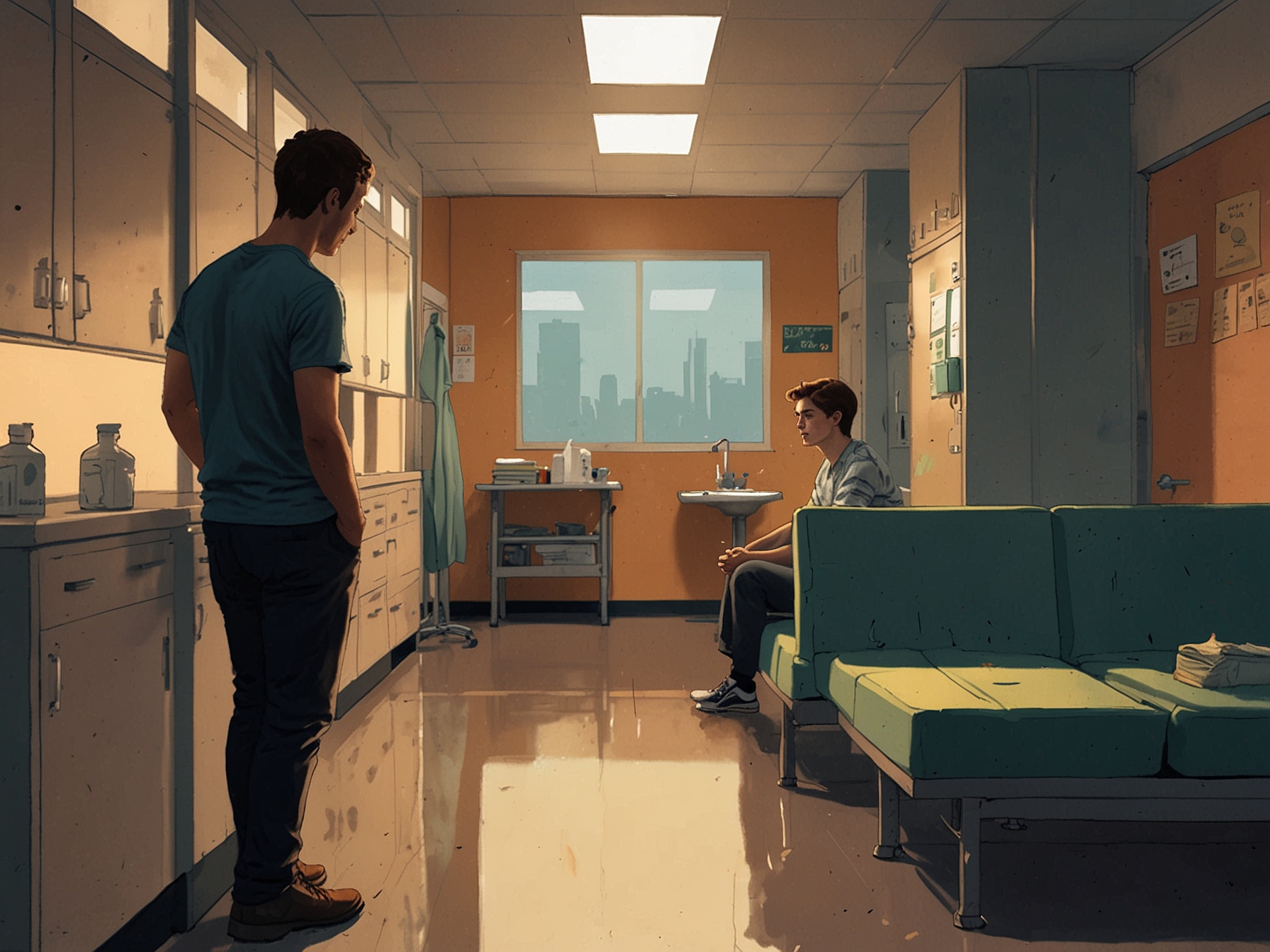 A touching scene in the hospital breakroom where Dylan Keogh and the newcomer share a rare moment of vulnerability, hinting at a growing romantic connection.