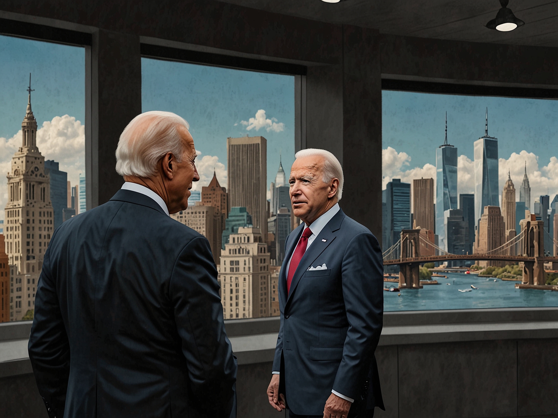 An illustration of President Biden and former President Trump in a split-screen with the backdrop of the New York skyline, highlighting their competitive stance in the poll results.