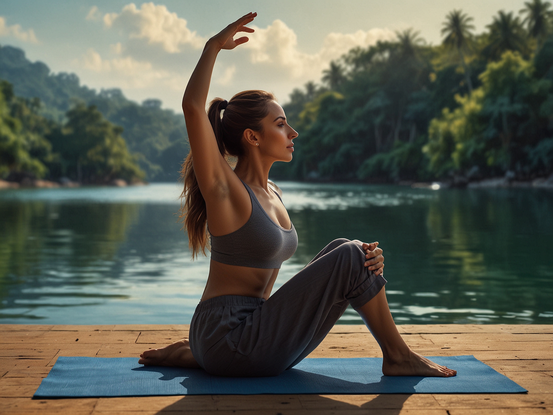 Malaika Arora performing a yoga pose with serene background, symbolizing physical and mental wellness. The image underscores the importance of yoga in balancing a demanding lifestyle.