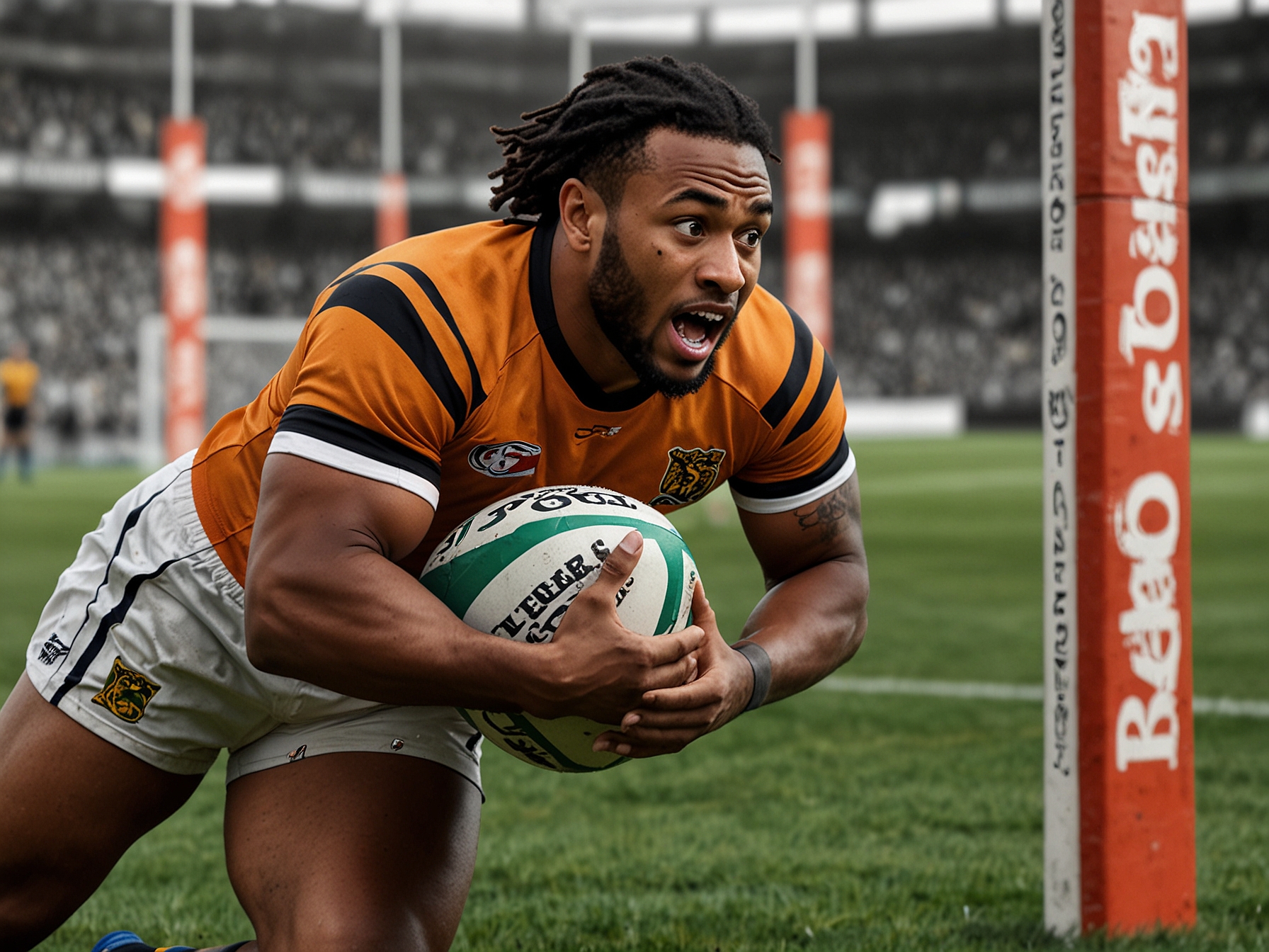 Jahream Bula of the Tigers scoring a crucial try under the posts, seizing the opportunity from Rapana's error and changing the momentum of the rugby match.