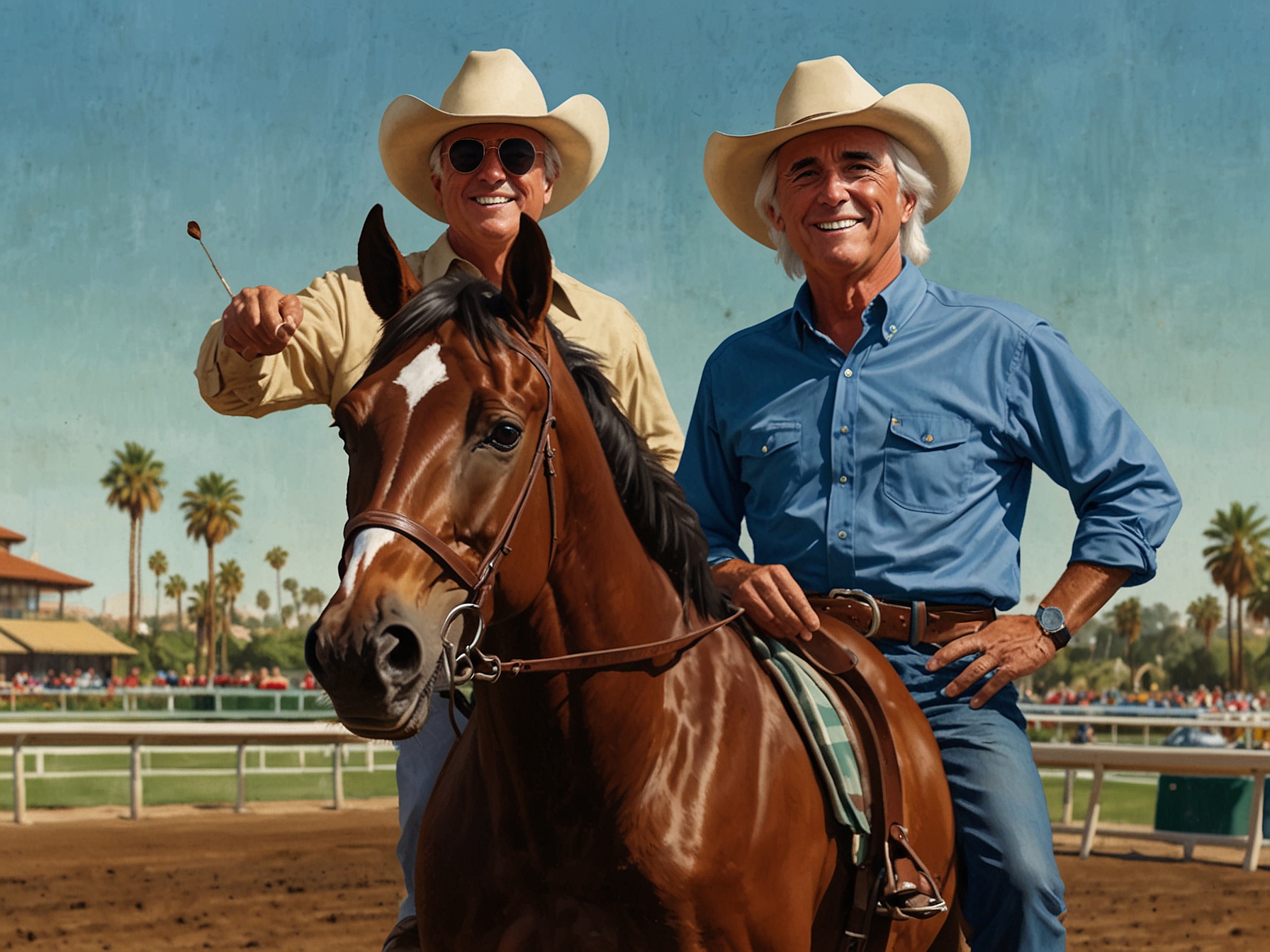 Bob Baffert stands proudly beside Cowboy Mike at the Los Alamitos track, the anticipation palpable as they prepare for the much-awaited Bertrando Stakes, showcasing their training and readiness.