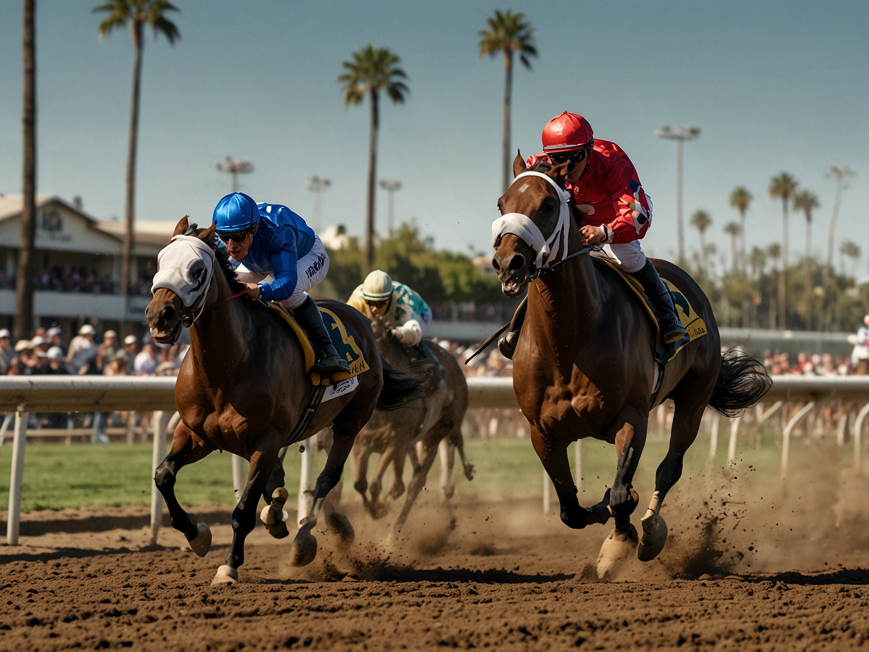 A dynamic scene of the Bertrando Stakes race at Los Alamitos, with Cowboy Mike in action, battling for the lead on a meticulously maintained track, amidst cheering fans and vibrant energy.