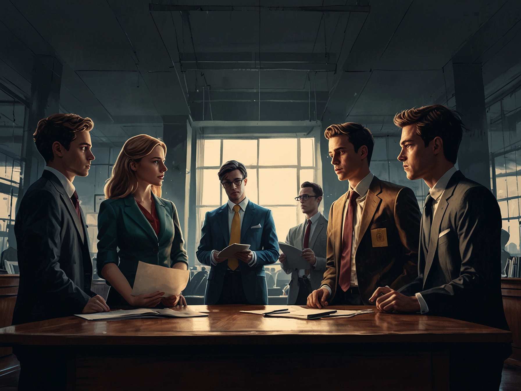 Illustration showing a group of young graduates in a high-stakes banking environment, highlighting the intense and competitive nature of the finance sector as depicted in the drama series Industry.