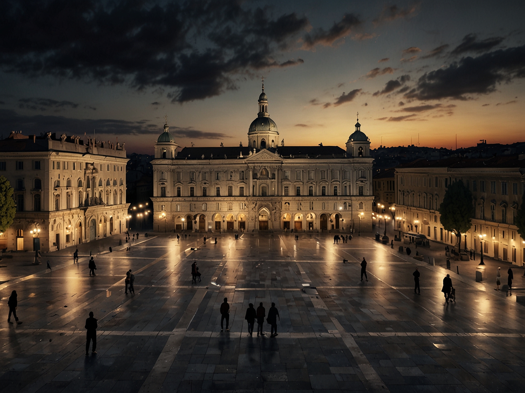 A panoramic view of Piazza Castello at dusk, showcasing the Royal Palace of Turin and Palazzo Madama. The square is alive with tourists and locals, capturing the essence of Turin's regal history.