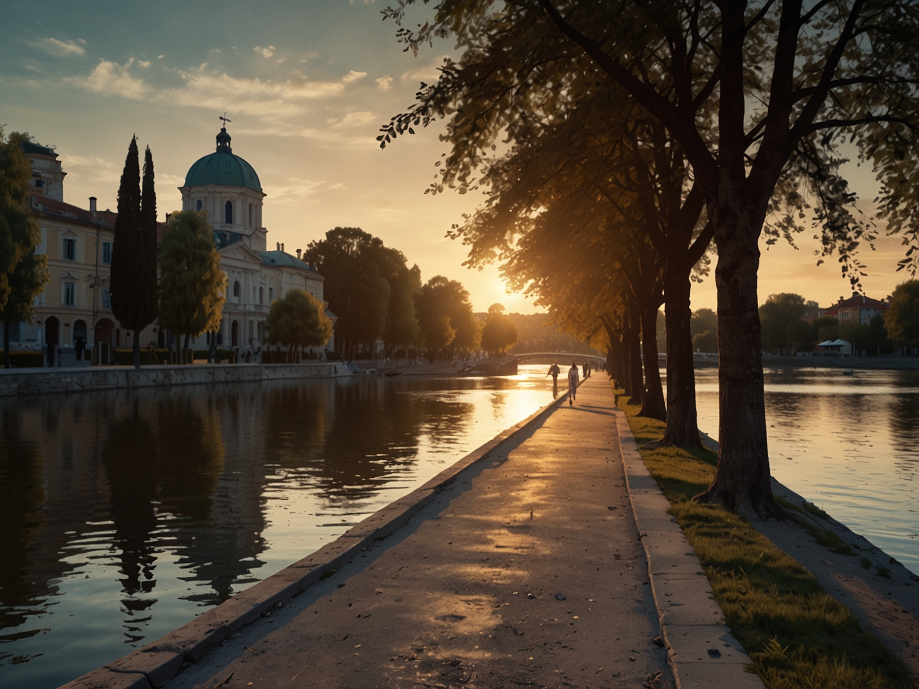 A picturesque scene of the River Po at sunset, with the tree-lined promenade and Parco del Valentino in the background. The tranquil setting highlights the natural beauty surrounding the city.