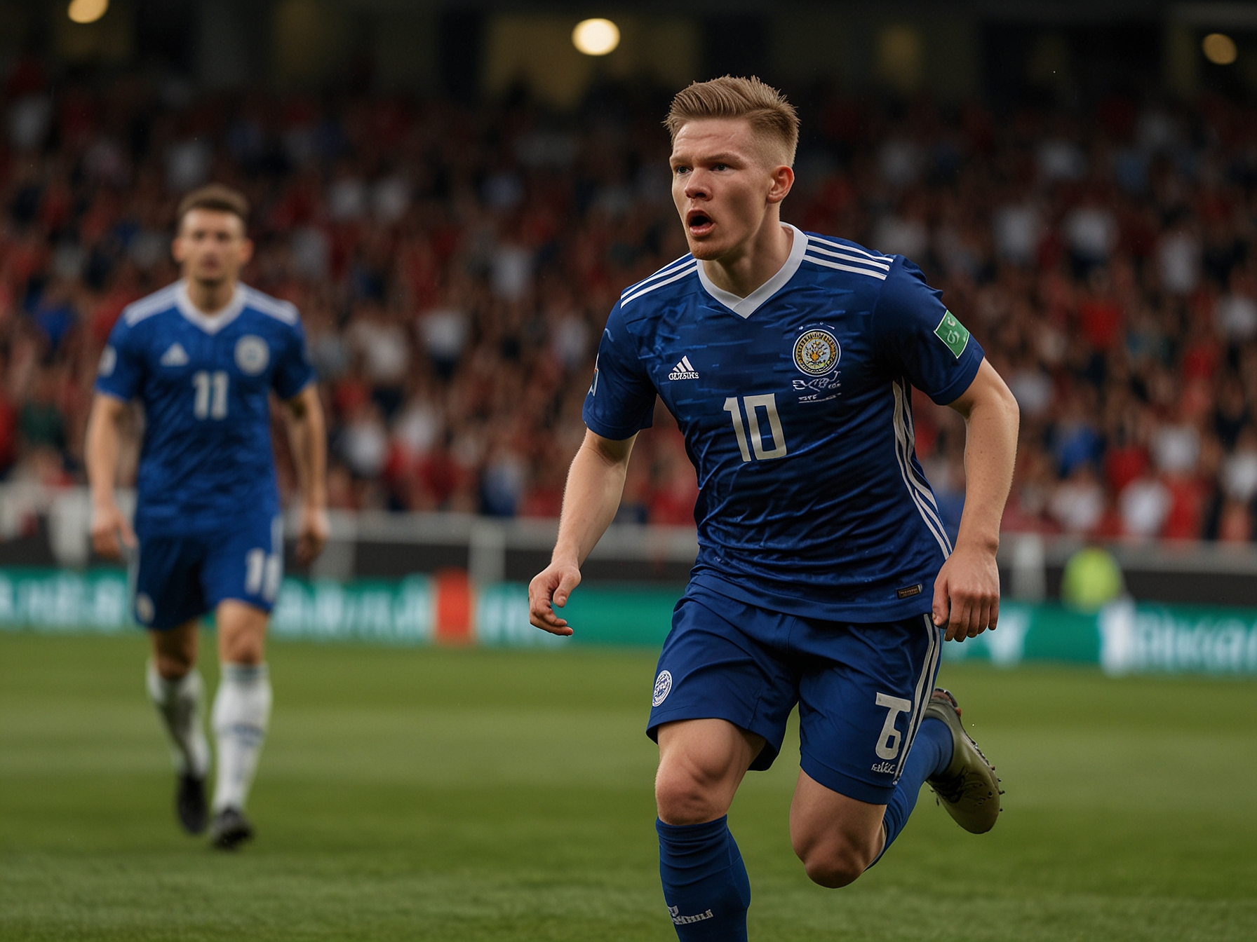 Scott McTominay, in action for Scotland, making a forward run towards the Hungarian goal during a high-stakes match. His determined expression and dynamic movement highlight his offensive capabilities.