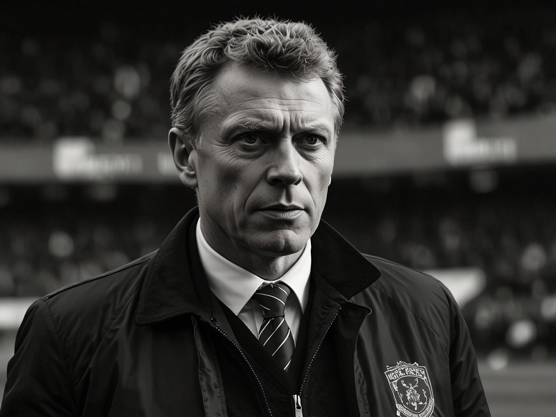Former West Ham United manager David Moyes on the sidelines, analyzing the game and providing tactical instructions. His focused demeanor underscores his strategic insights into maximizing McTominay's impact for Scotland.