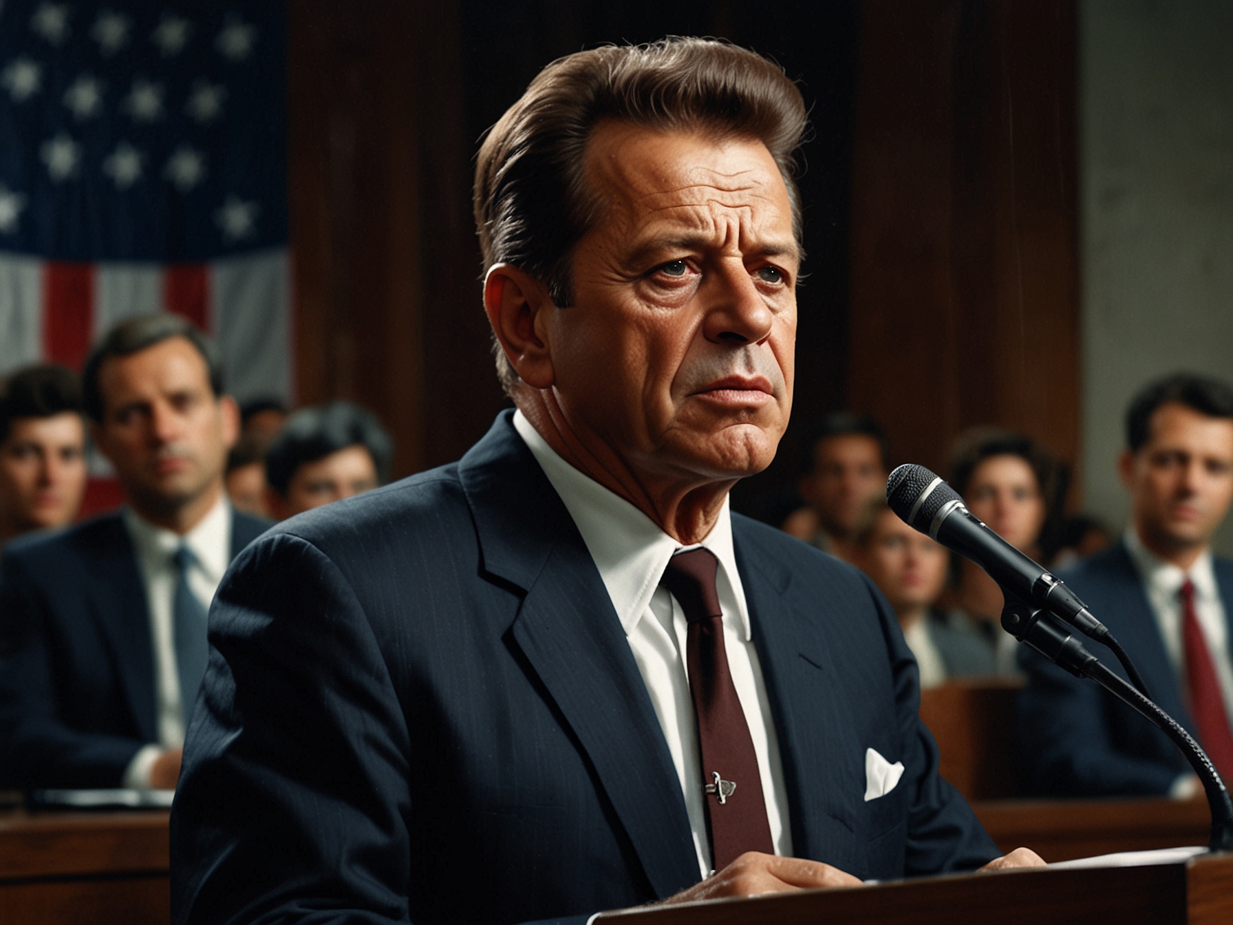 An intense scene from 'JFK' featuring Joe Pesci delivering his iconic monologue, captured with dramatic lighting and close-up shots to amplify the tension and paranoia.