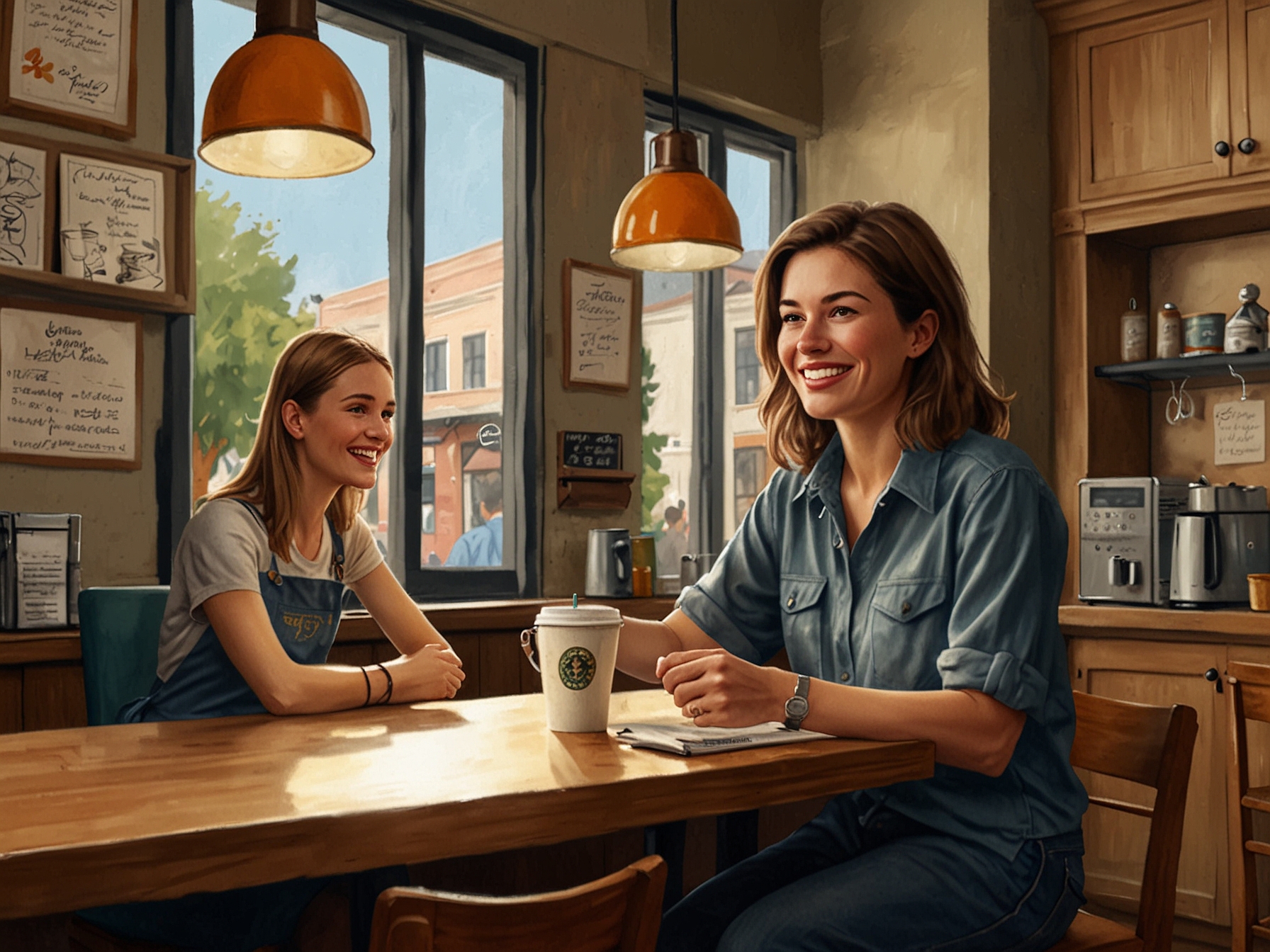 Leticia Cline, in a casual outfit, is interacting with patrons at her coffee shop. The image captures the friendly atmosphere of Main Street Coffee and Goods as she manages daily operations with enthusiasm.