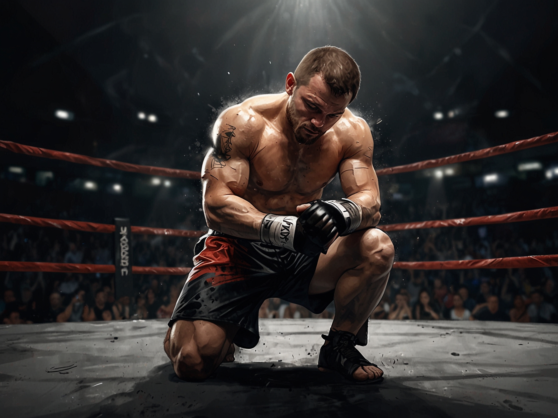An MMA fighter, visibly bruised and exhausted, kneels in the center of the ring immediately after his defeat. The arena lights cast a harsh glare as he nervously presents a ring to his girlfriend.