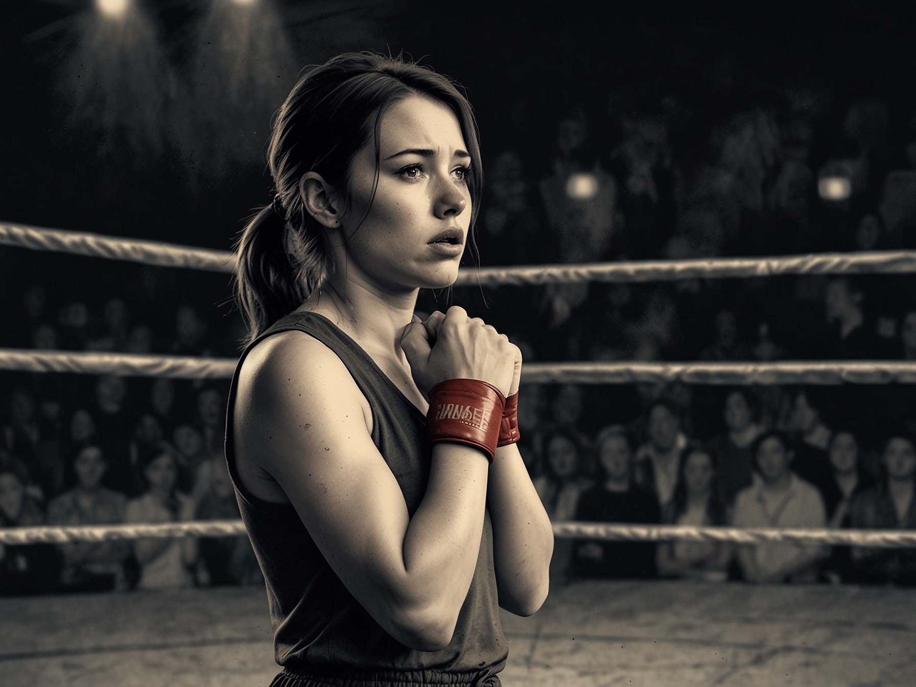 The fighter's girlfriend, looking distressed and overwhelmed, hesitates before walking away from the ring. The audience is captured in a mix of shock and curiosity as they witness the heartbreaking rejection.