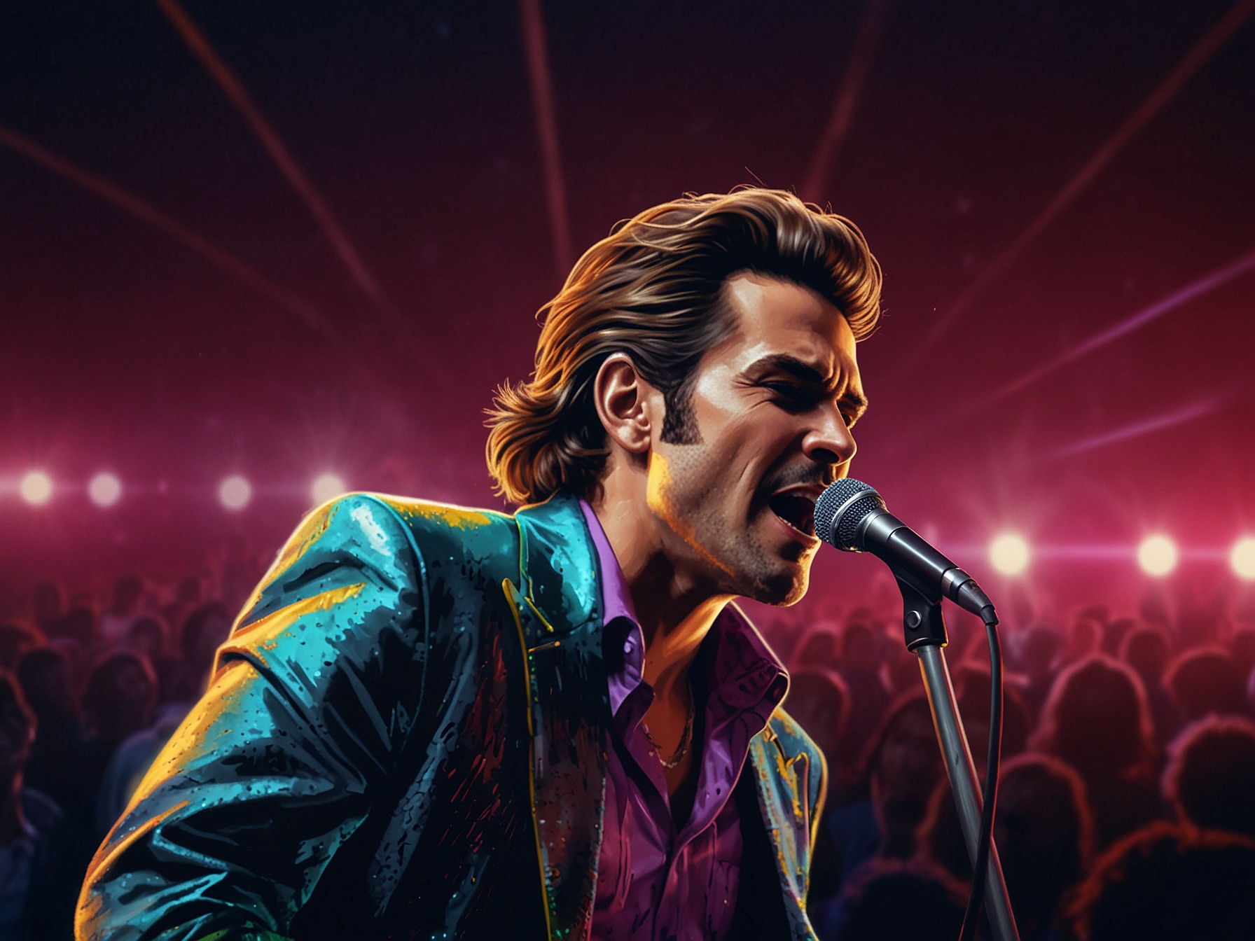 The music icon, dressed in a classic 80s style outfit, sings passionately into a microphone, with vibrant lights and special effects enhancing the exhilarating live performance.