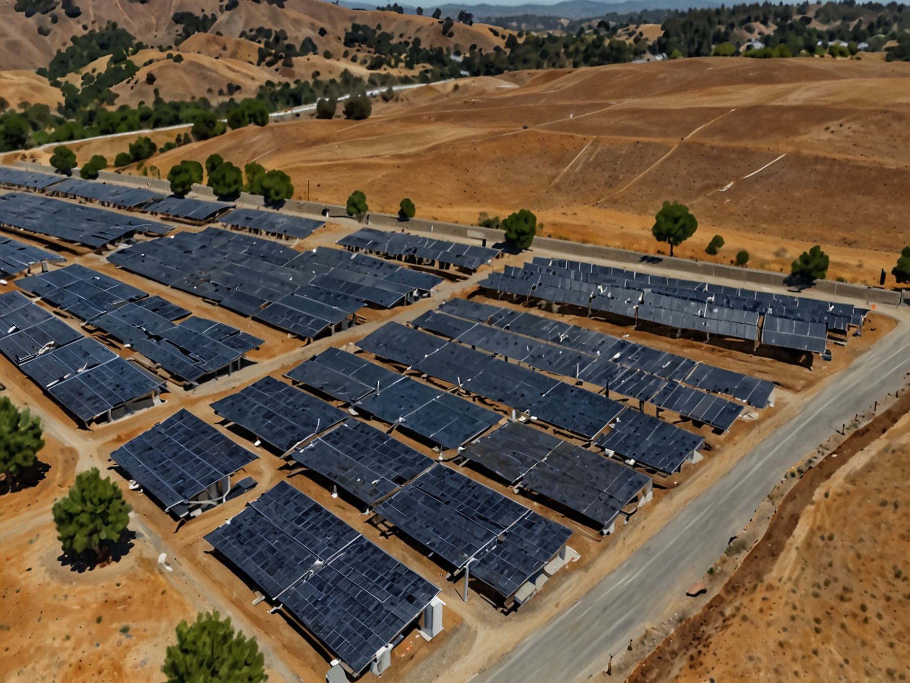 An aerial view of the 2.16 MW solar array installation near Central Contra Costa Sanitary District's treatment plant in Martinez, California, showcasing rows of solar panels generating clean energy.
