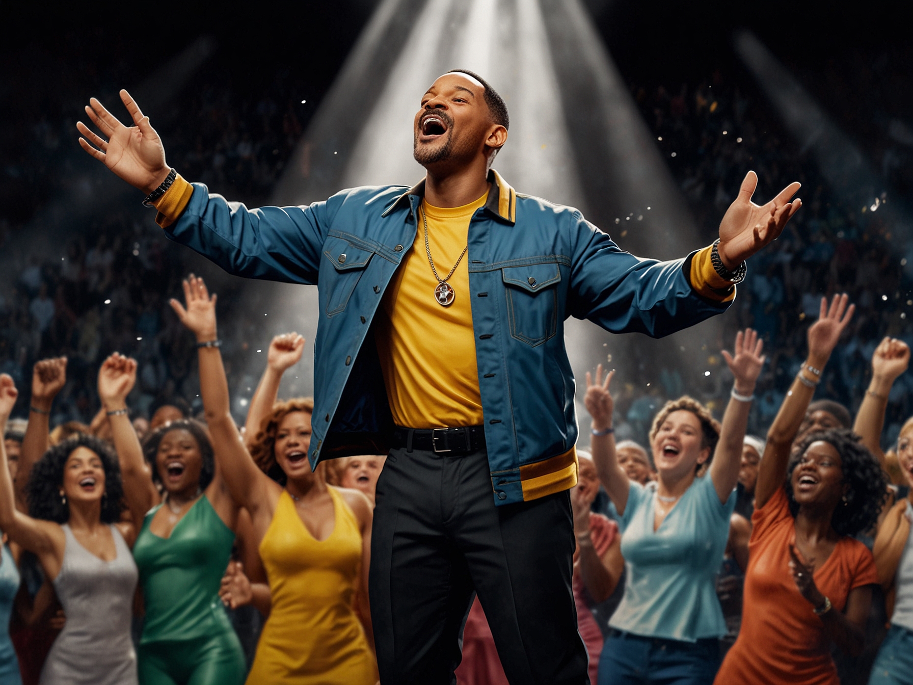 Will Smith on stage at the BET Awards, energetically performing his new song, with a vibrant, cheering audience highlighting his triumphant return to the music scene.