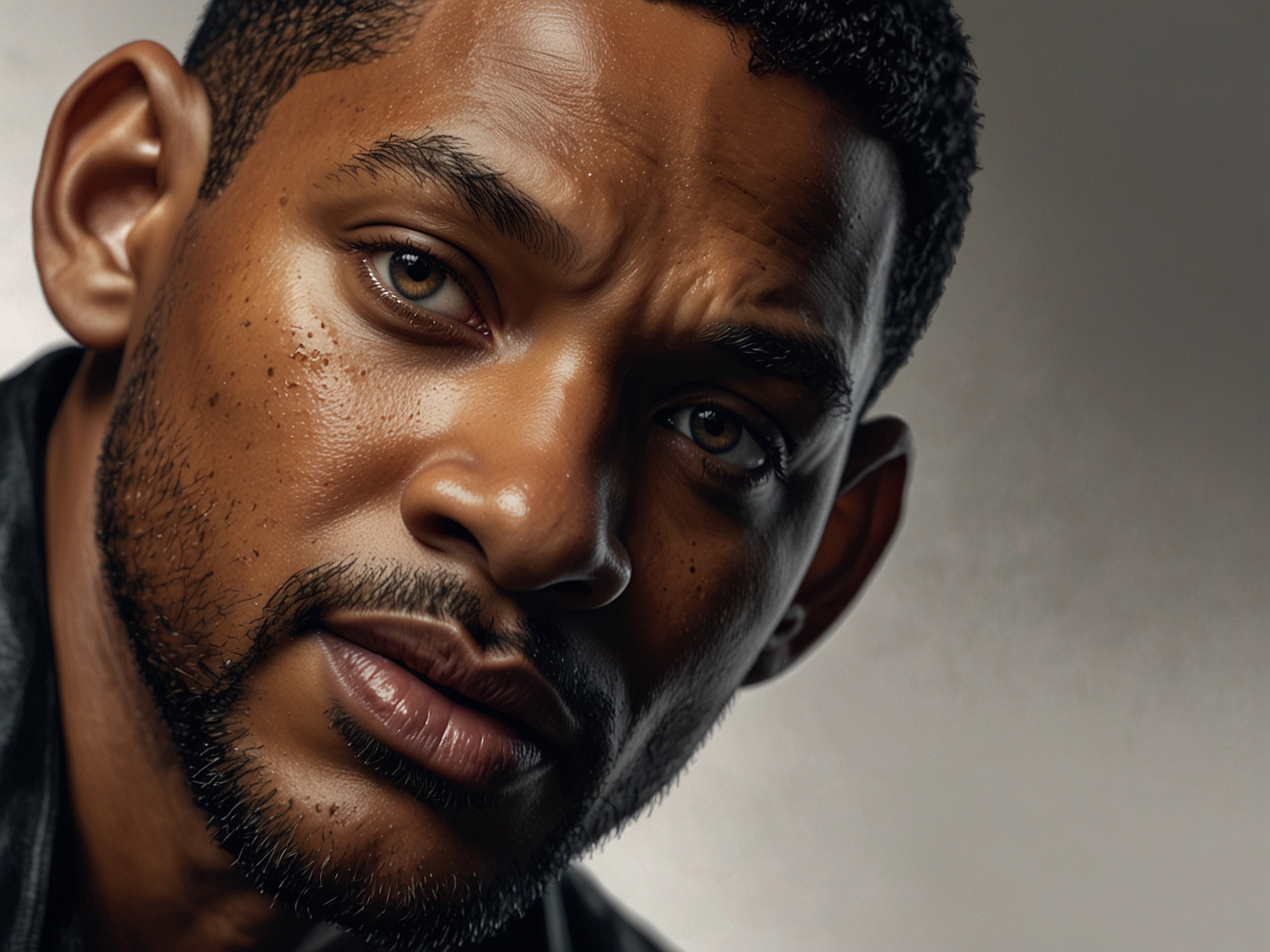 A close-up of Will Smith, looking reflective yet determined, symbolizing his journey of redemption and resilience following the notorious 2022 Oscars incident.