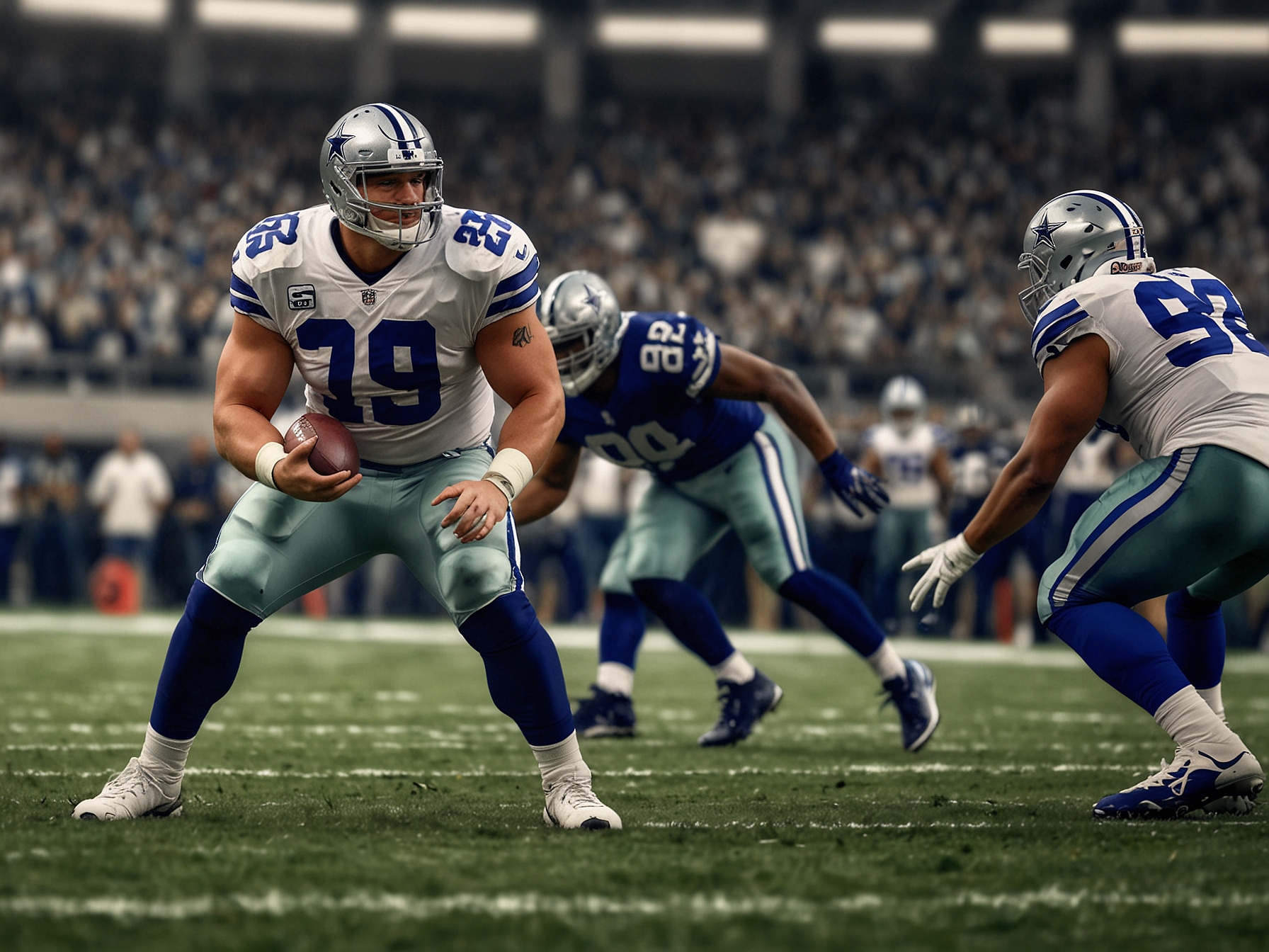 An image illustrating Connor Williams in action, demonstrating his blocking technique and versatility on the field as he transitions from guard to center during a Dallas Cowboys game.