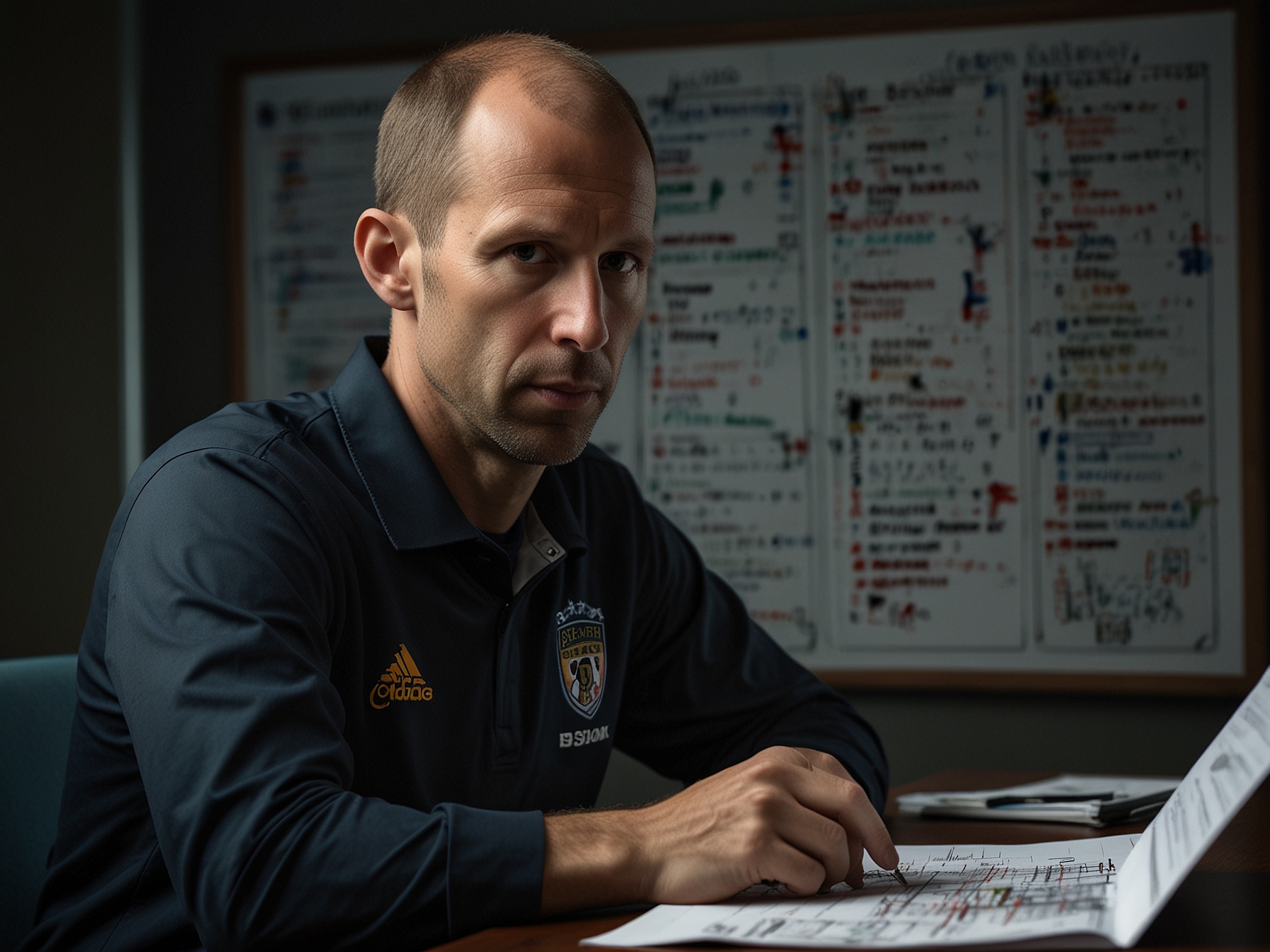 An illustration of Gregg Berhalter deep in thought, reviewing tactical plans and player statistics, representing the complex decisions he faces ahead of Copa América.