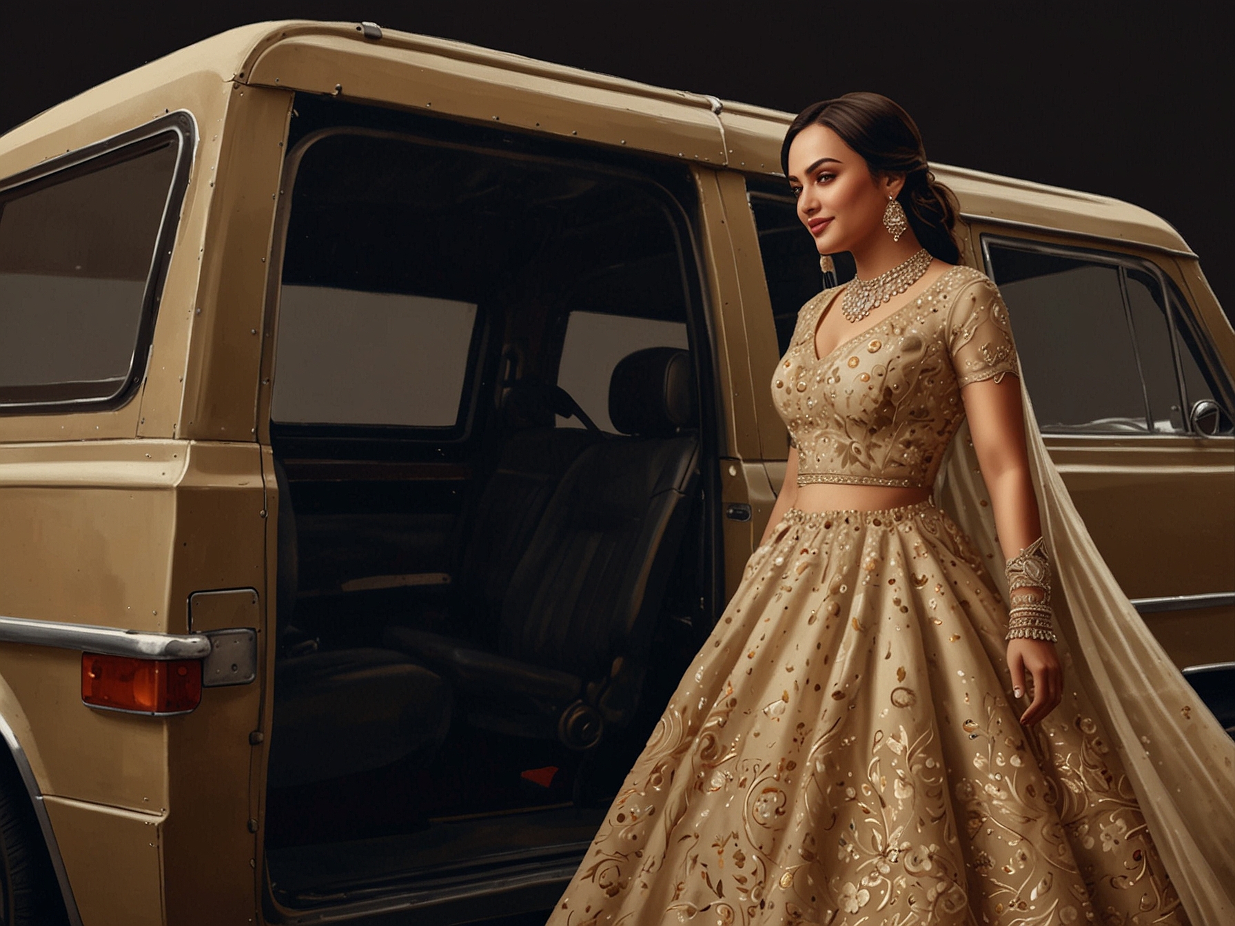 A snapshot of Sonakshi Sinha's beige wedding dress being carefully transported to her residence. The dress showcases ornate embroidery and delicate embellishments, hinting at an elegant and sophisticated affair.