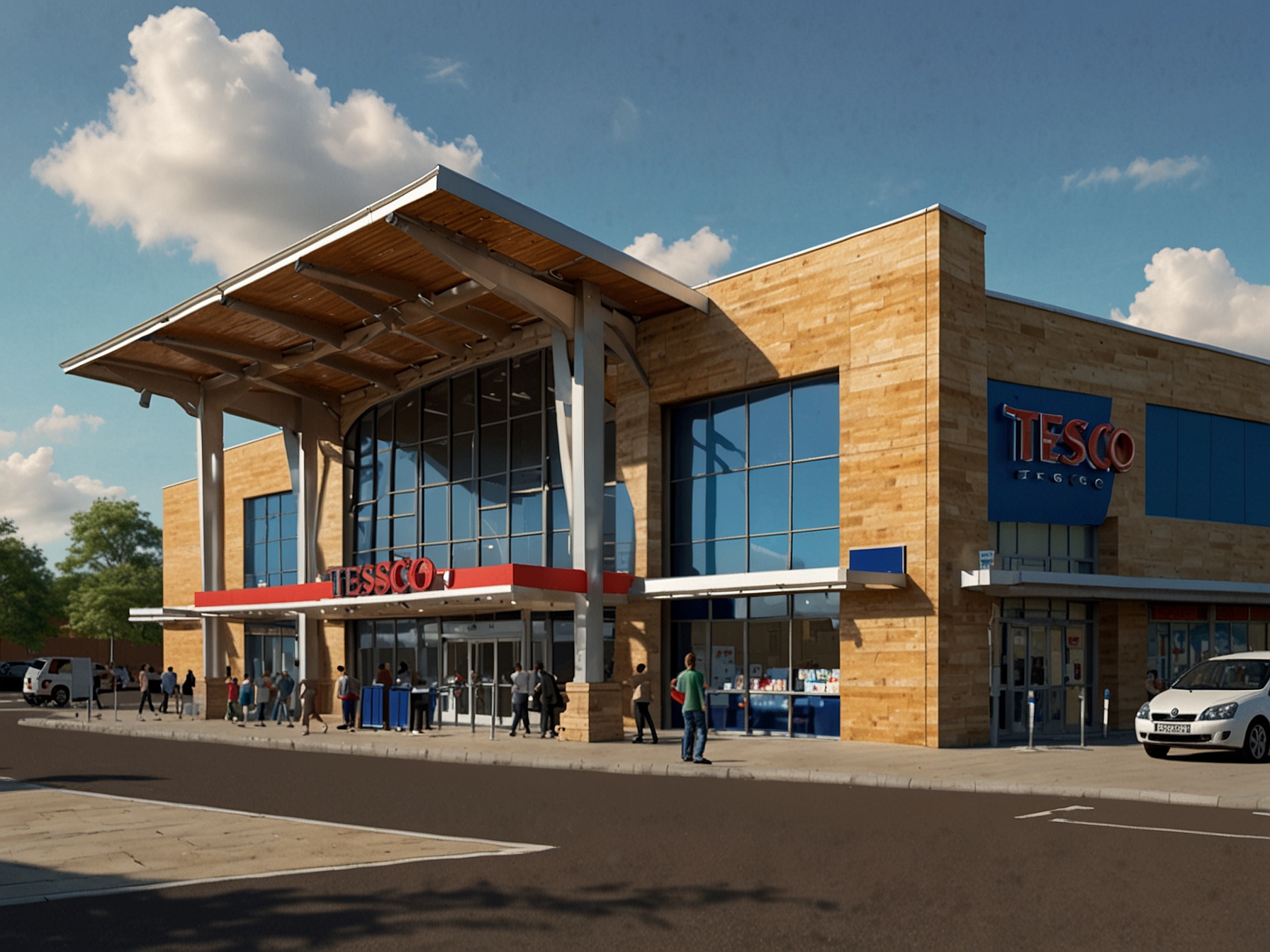 Tesco supermarket with prominent branding, emphasizing its strong market presence, e-commerce capabilities, and consumer loyalty program contributing to recent share price surge.