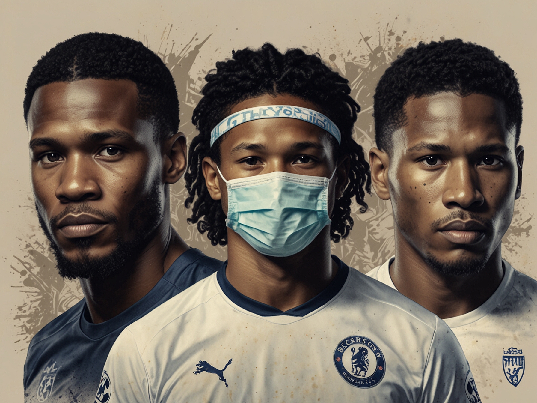Historical montage of famous football players like Edgar Davids, Antonio Rudiger, and Son Heung-min wearing protective masks, highlighting their successful performances.