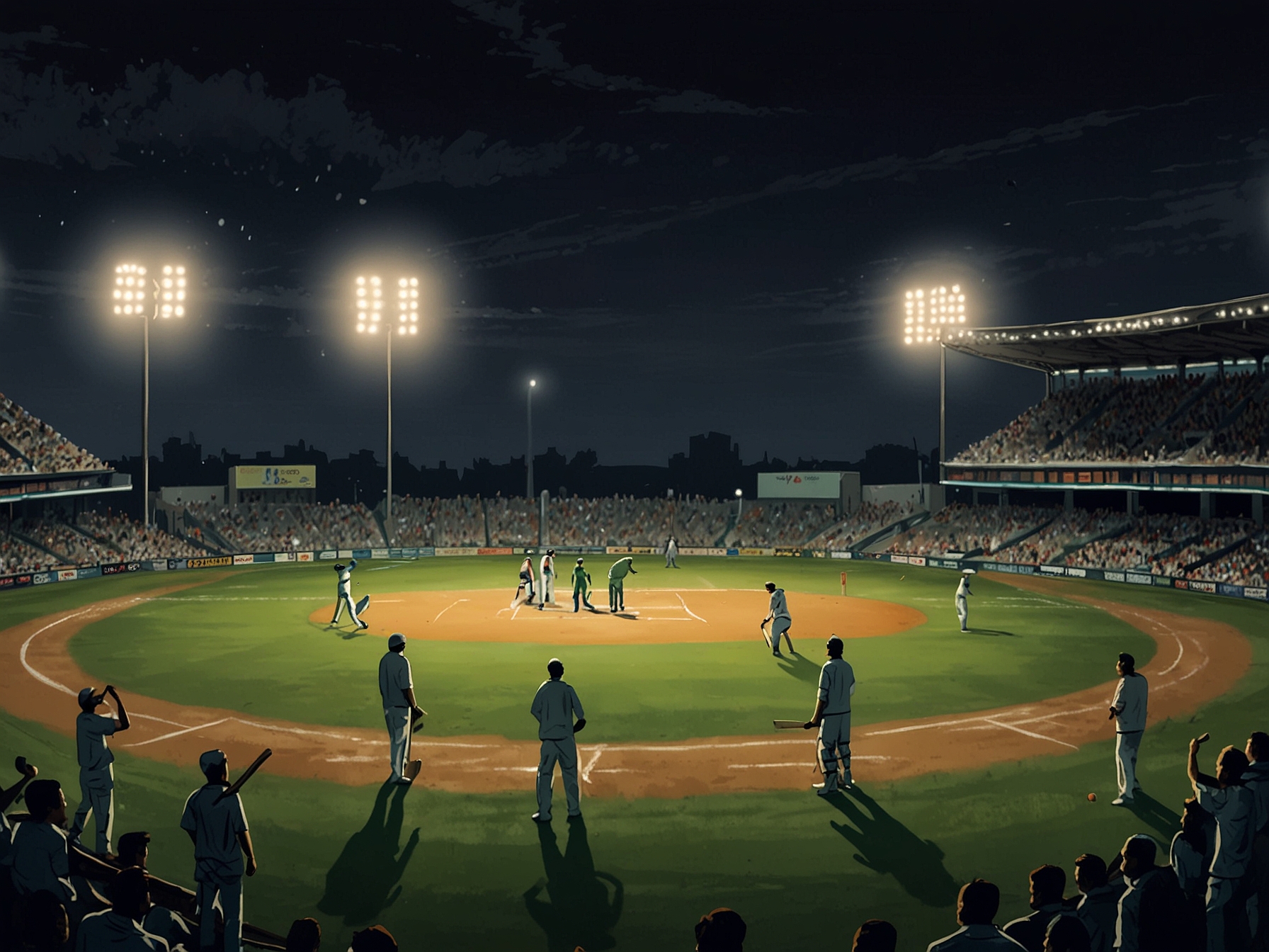 A cricket match illustration showing two teams, Afghanistan and Bangladesh, facing off under a stadium's floodlights, emphasizing the excitement and intensity of the game.