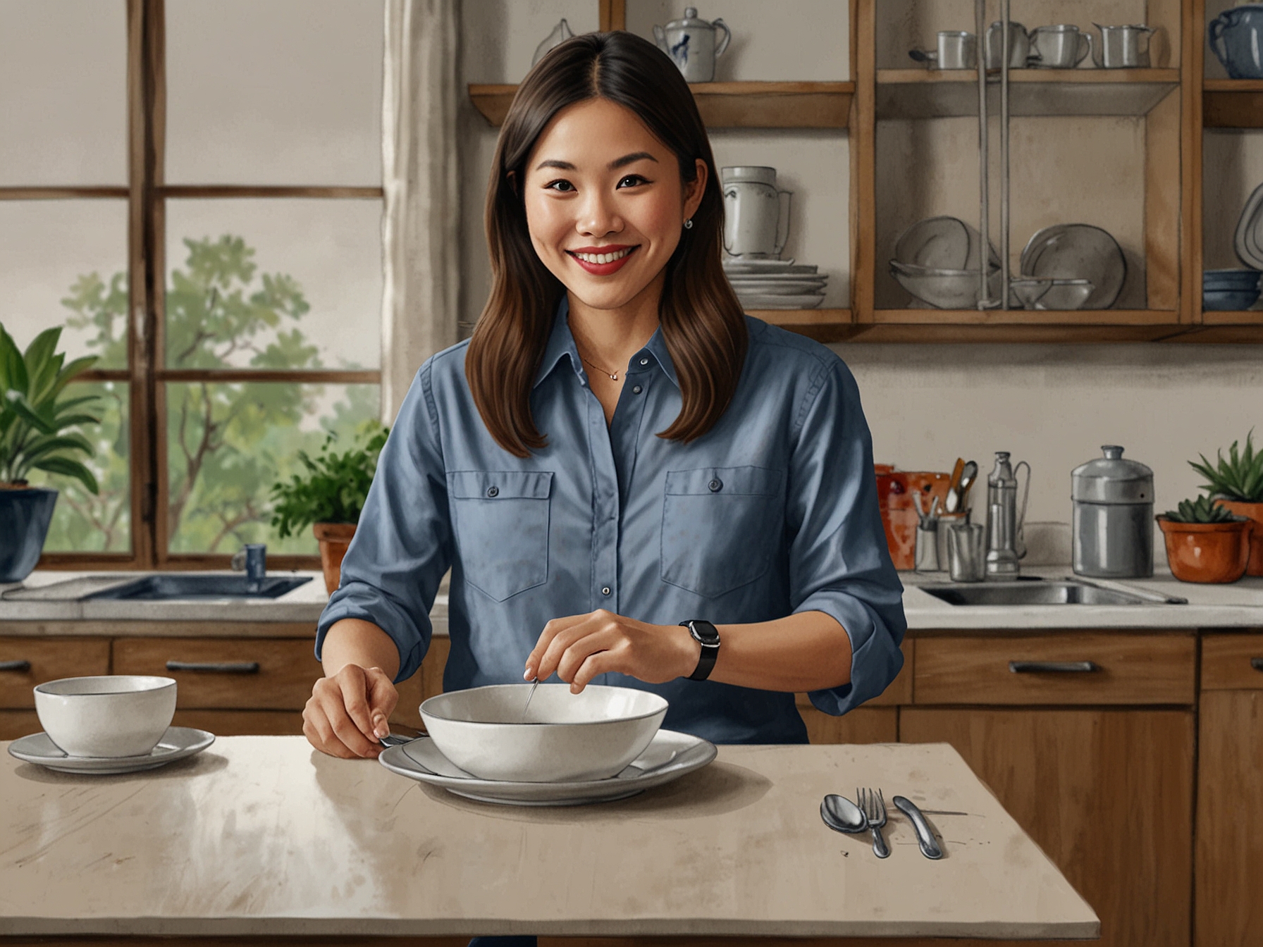 Sara Jane Ho demonstrating the correct way to set a table, showcasing her modern approach to etiquette as part of personal wellness on Netflix's Mind Your Manners.