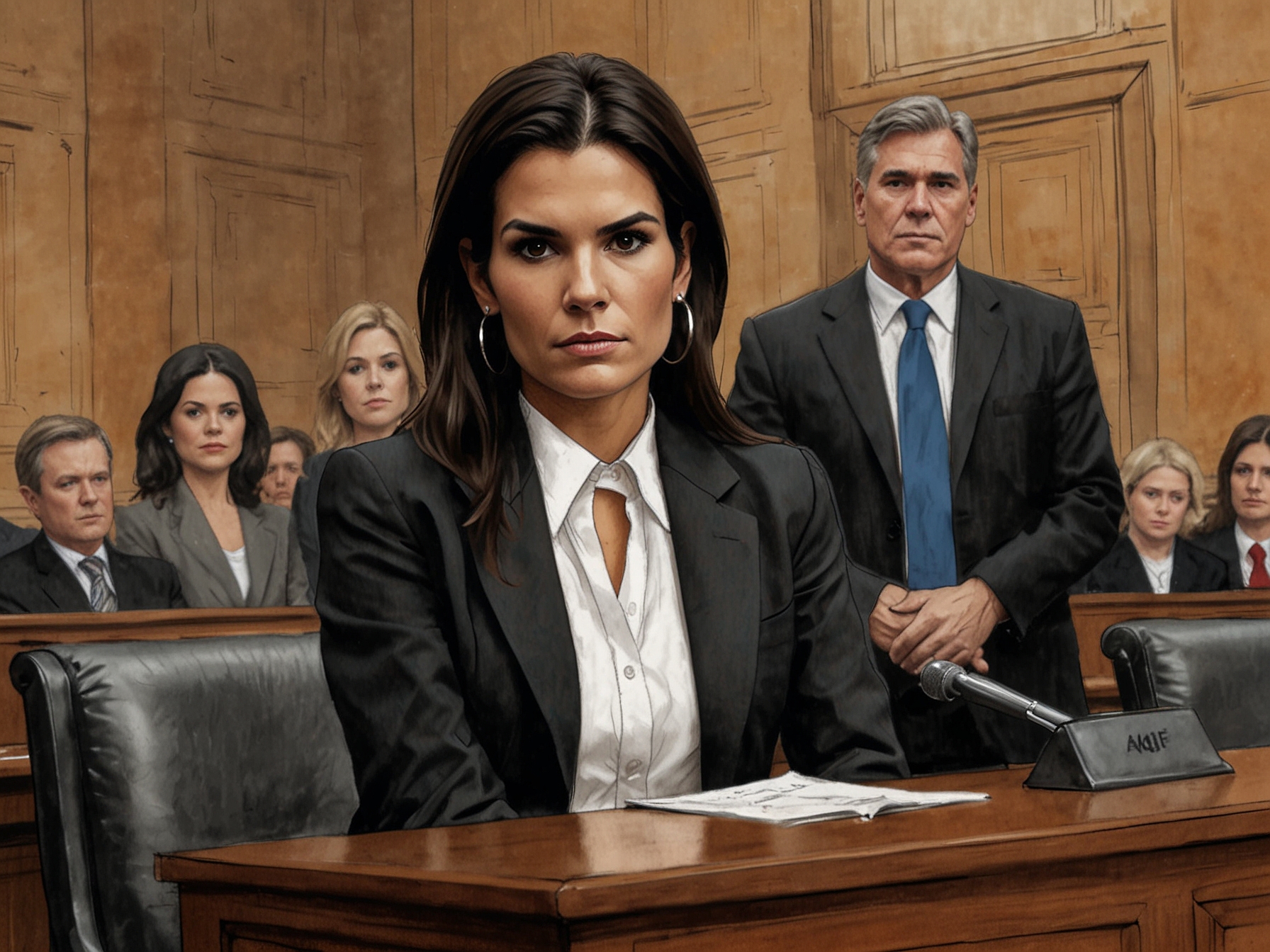 A courtroom sketch showing Angie Harmon's daughter facing a judge. The illustration captures the tension and seriousness of her legal predicament, with media representatives in the background.