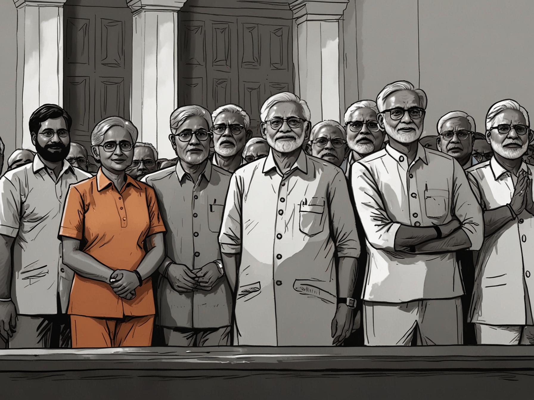 A group of INDIA bloc MPs standing together in protest, highlighting their decision to boycott the pro tem Speaker's assistance during the Lok Sabha oath-taking ceremony due to perceived injustices.