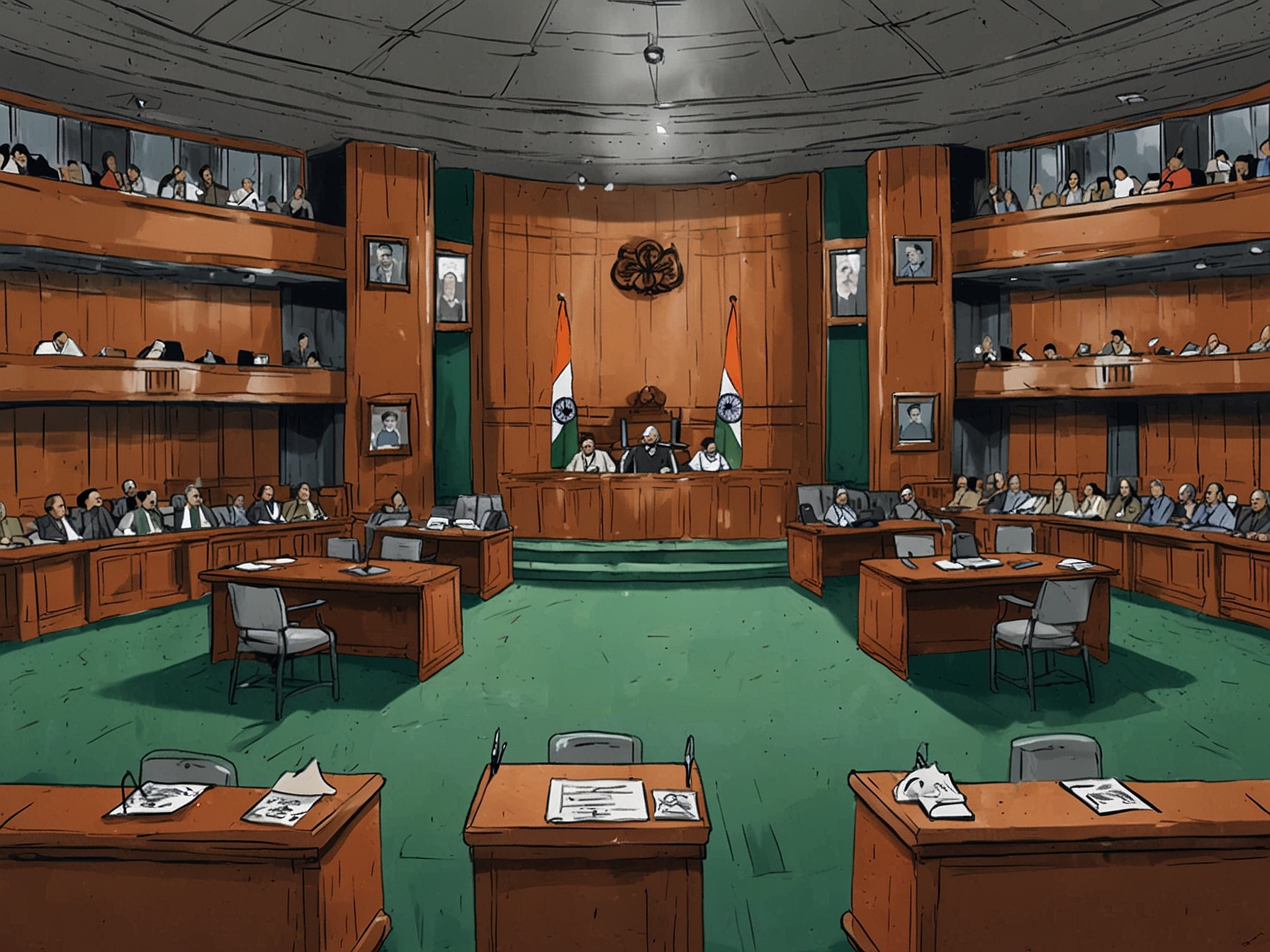 An illustration of the Lok Sabha, showing the vacant pro tem Speaker's seat, symbolizing the absenteeism of INDIA bloc MPs from the oath-taking ceremony and the tension in parliamentary proceedings.