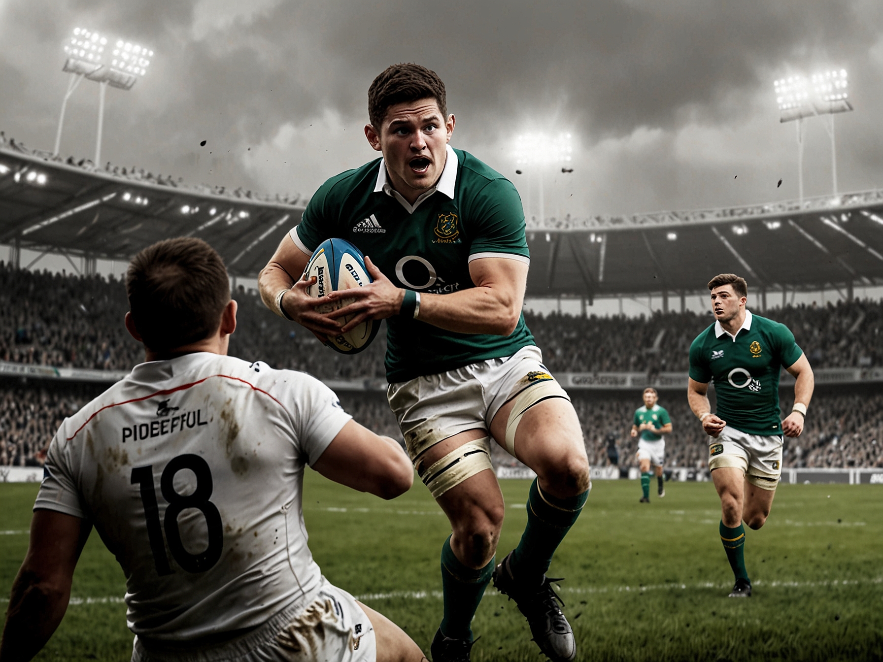 Image of Jack O’Donoghue in action during a rugby match, showcasing his tackling skills and defensive presence, which have impressed national team coach Andy Farrell.