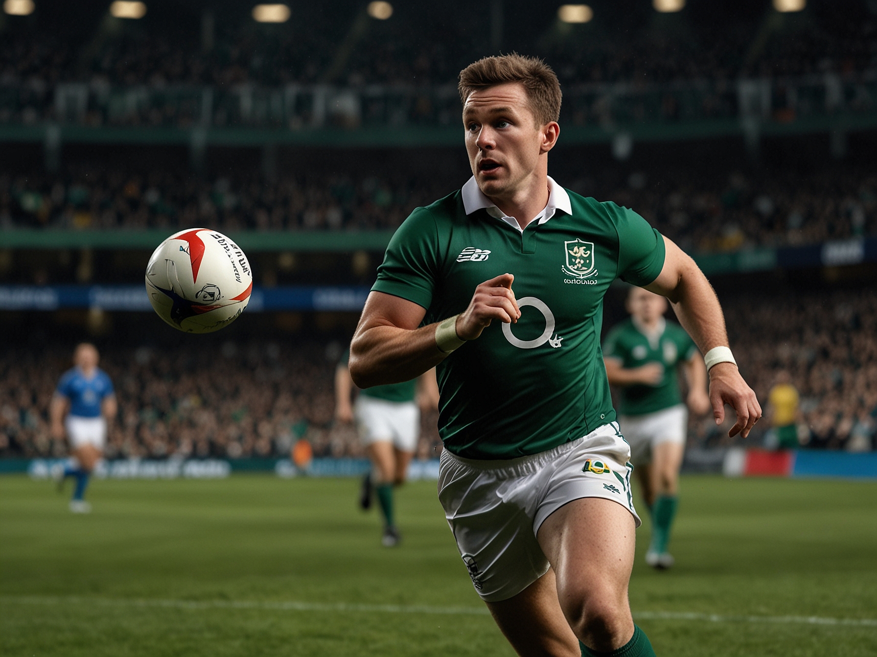 Photo capturing Craig Casey making a swift pass during a game, illustrating his speed and playmaking ability that could be crucial for the Irish squad's strategy against South Africa.