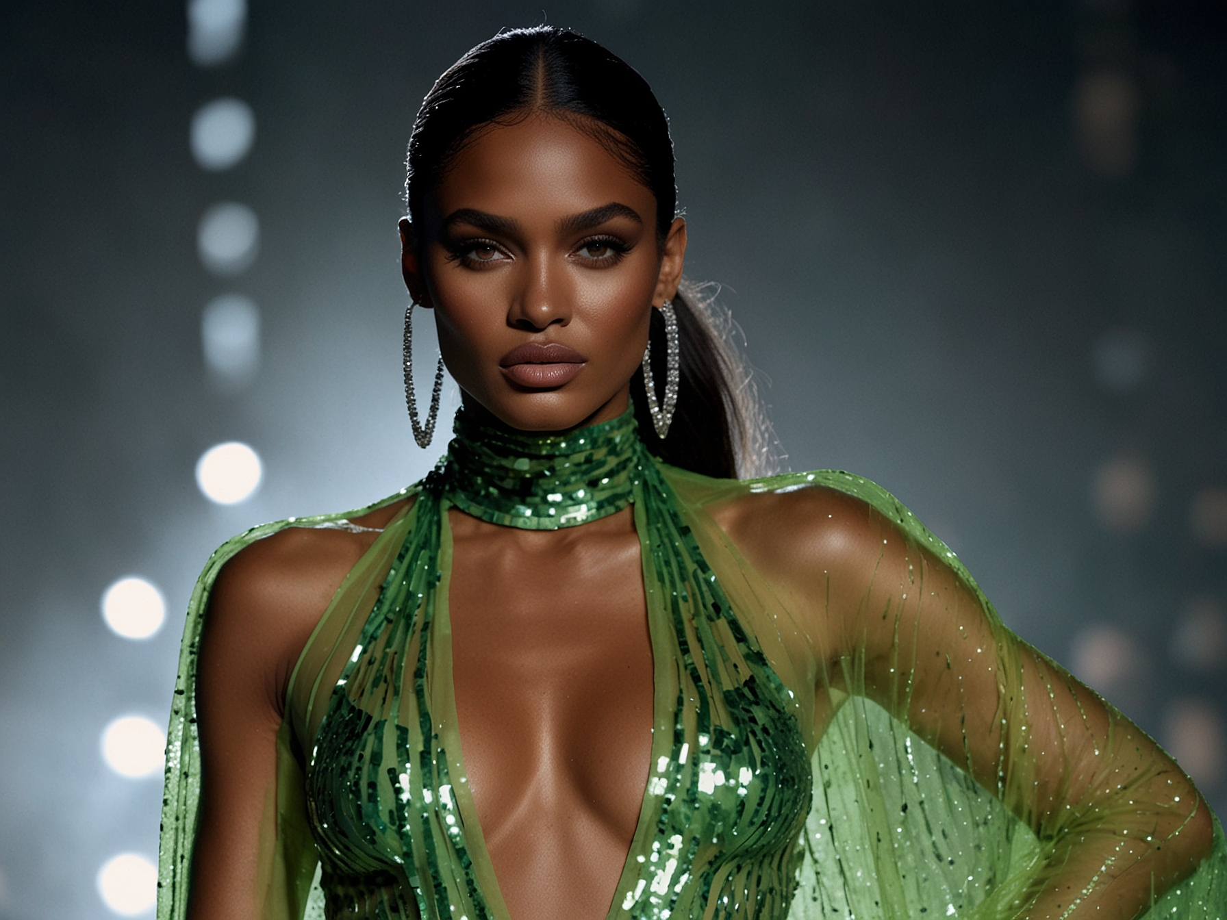 Ciara graces the runway at the Vogue World Paris show, wearing a neon green mesh cloak over a dazzling sequin bodysuit, stealing the spotlight and setting new fashion benchmarks.
