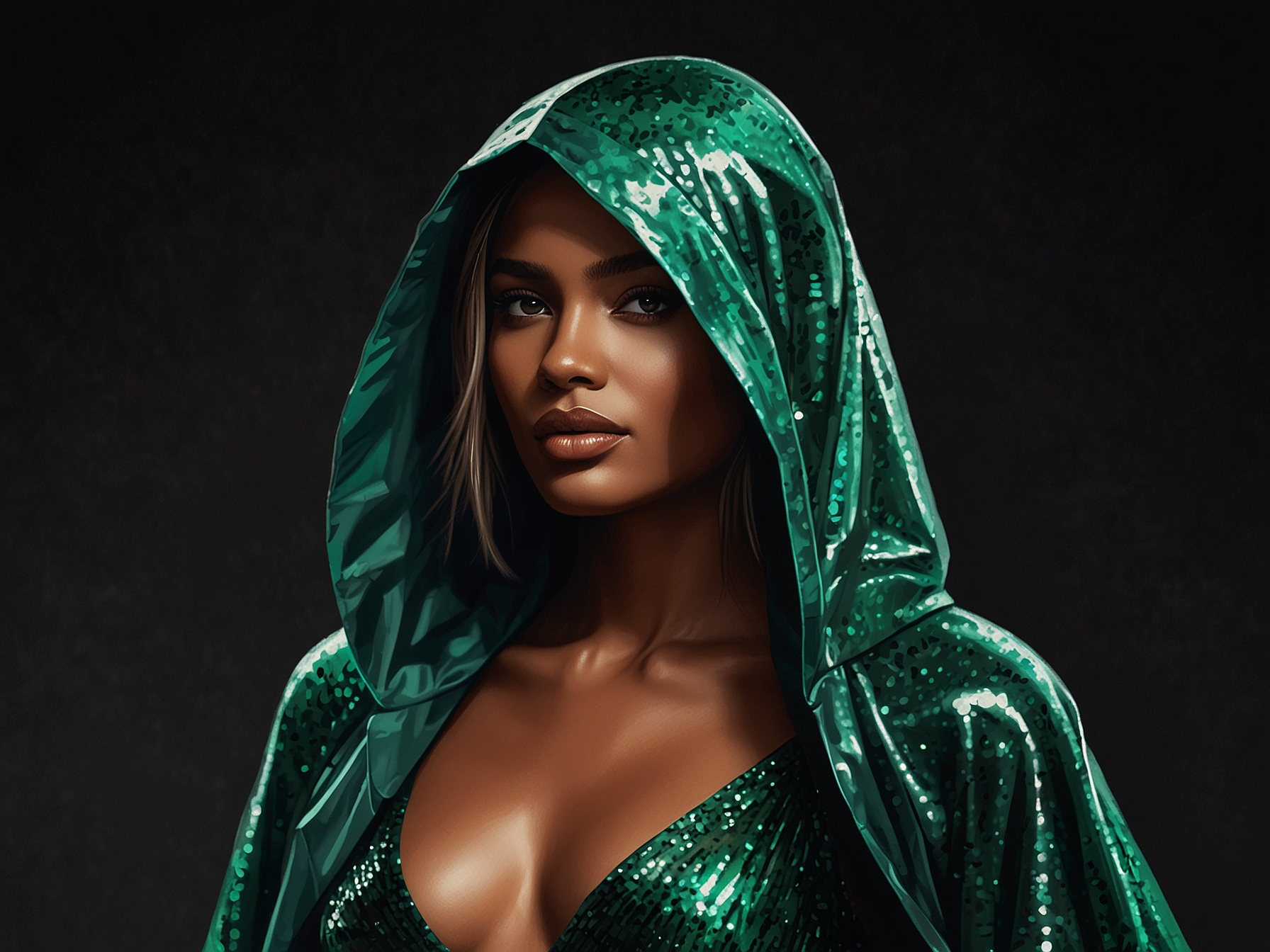 Ciara poses confidently with her hooded green mesh cloak and shimmering sequin bodysuit, showcasing her bold and innovative style at the star-studded Vogue World Paris event.