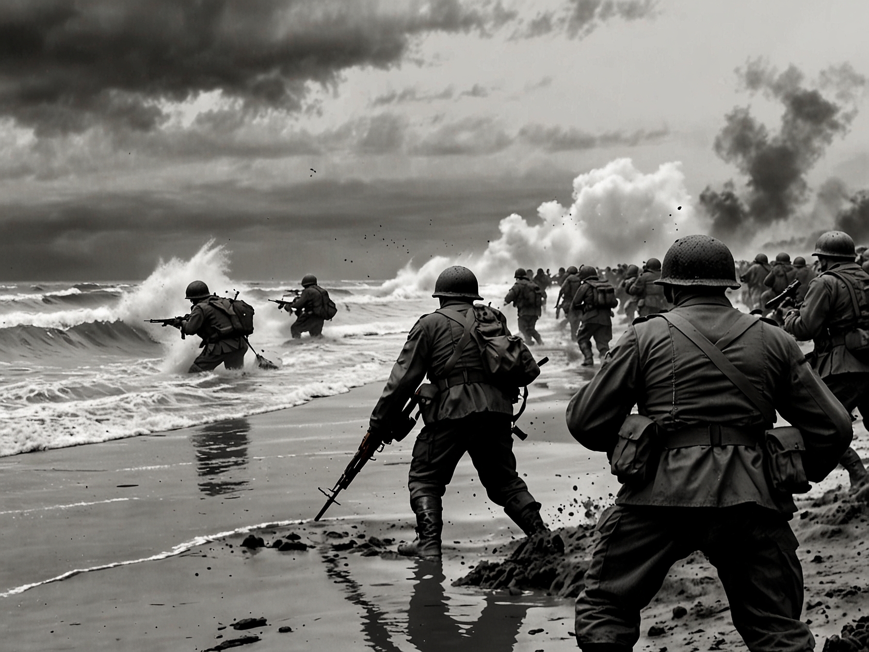 A powerful historical image of soldiers storming the beaches of Normandy on D-Day, symbolizing the relentless determination and courage exhibited by the Allied forces during World War II.
