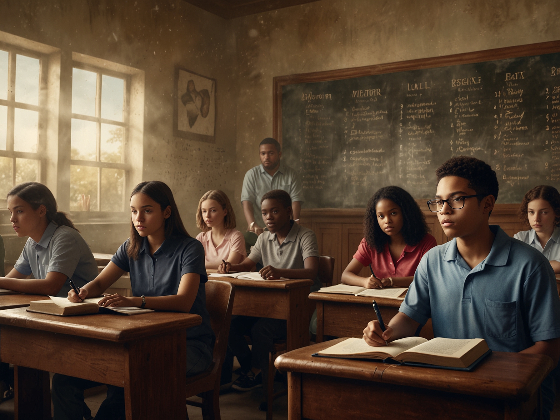 Image of diverse students in a classroom with a faded overlay of the Ten Commandments, representing the controversy over religious symbols in public educational settings.