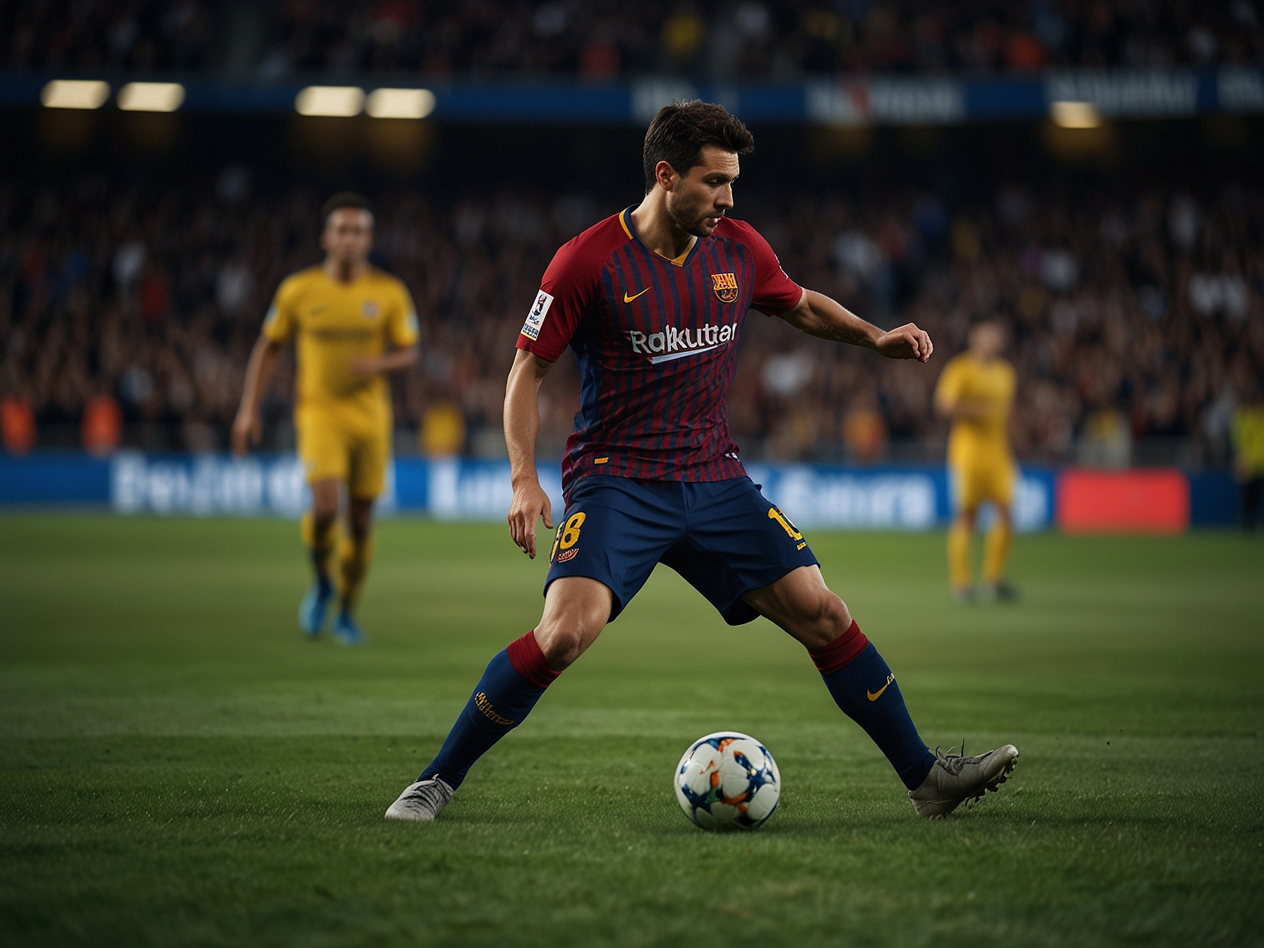 An exciting action shot of Marc Guiu in a Barcelona jersey, showcasing his technical skills on the ball during a match, reflecting why he caught Chelsea’s attention.