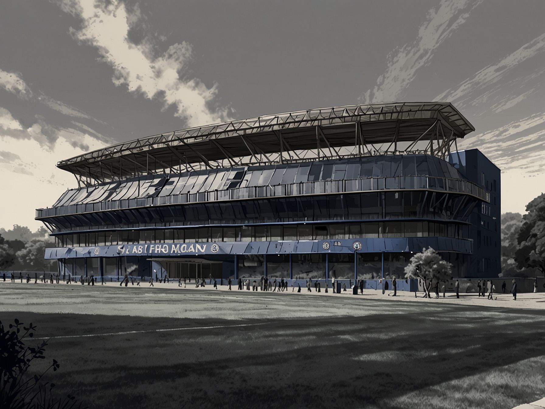 A dynamic image of Chelsea's stadium, Stamford Bridge, symbolizing the new challenge and opportunity awaiting Marc Guiu in the Premier League.