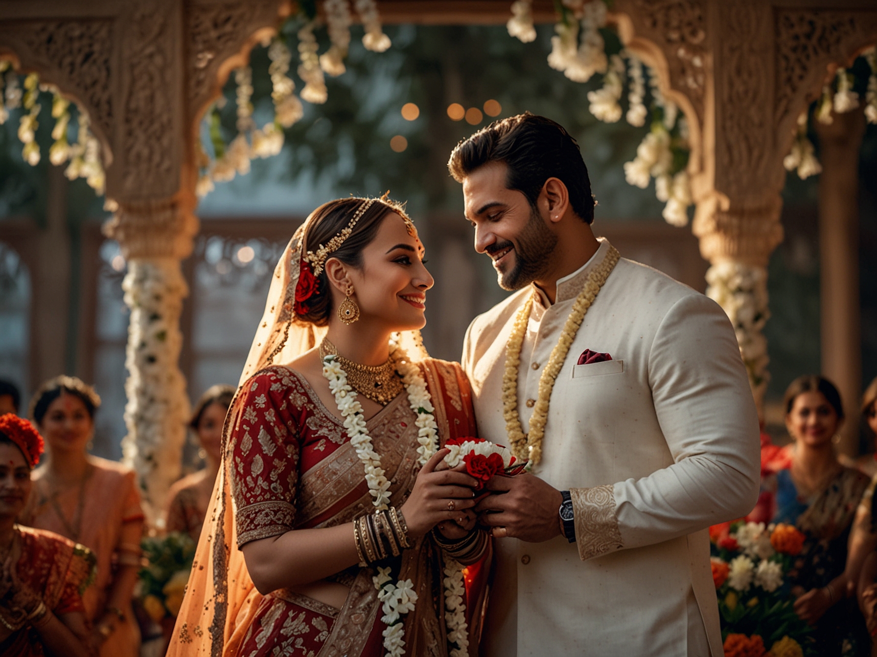 Sonakshi Sinha and Zaheer Iqbal exchange vows in a beautifully decorated venue filled with floral arrangements, capturing their blissful moments in traditional and elegant attire.