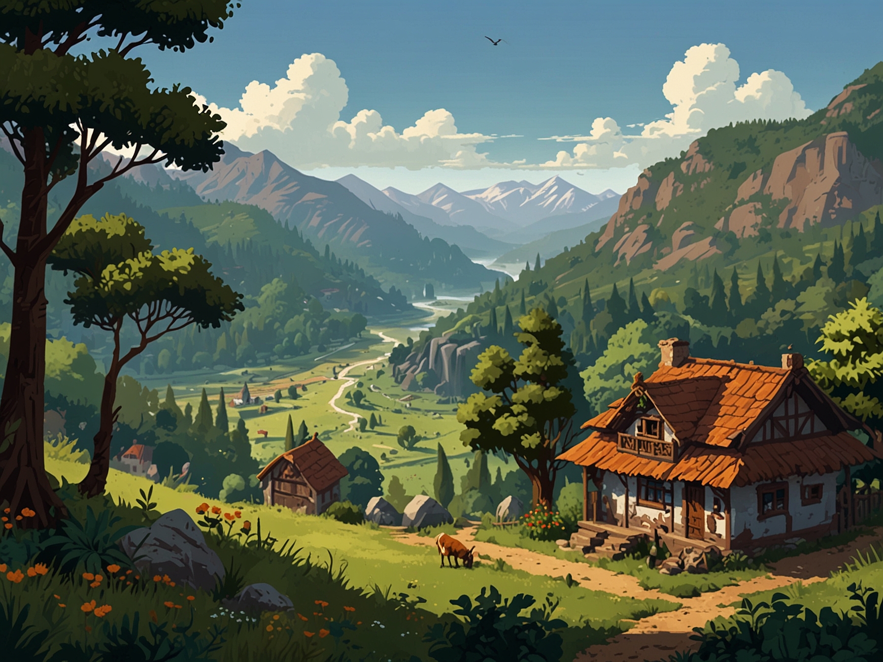 A pixel art scene from Everafter Falls depicting the tranquil valley, complete with lush farmland, charming houses, and townsfolk going about their day.