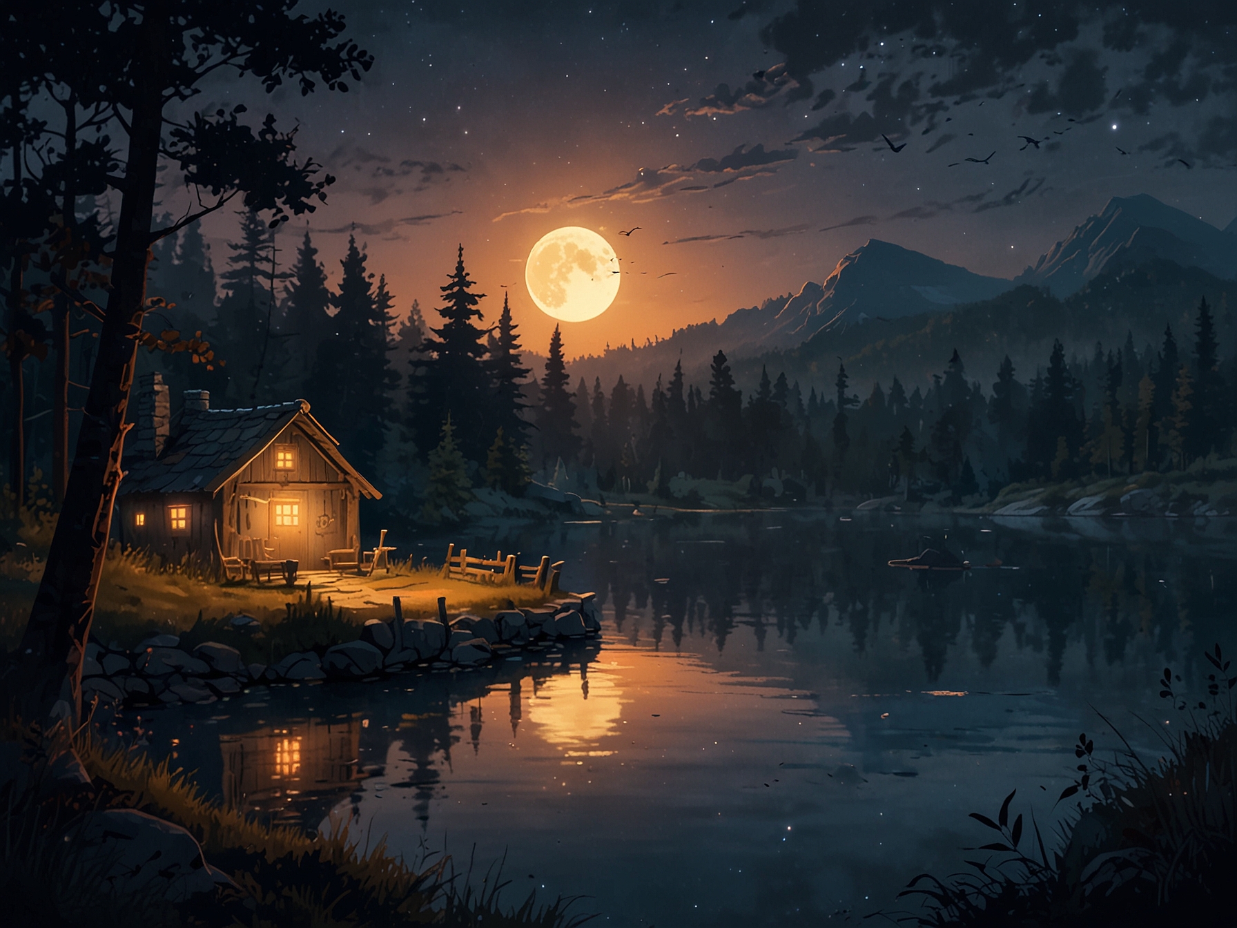 A cozy night-time view in Everafter Falls showing the character fishing near a moonlit lake, capturing the serene and magical ambiance of the game.