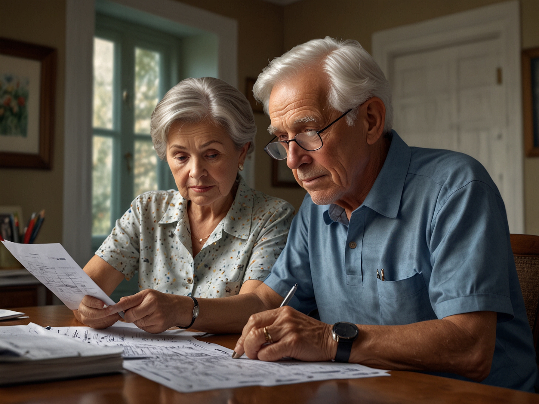 An elderly couple reviewing their financial documents and Social Security statement, highlighting the challenges of early retirement at age 62 and the need for additional income sources.