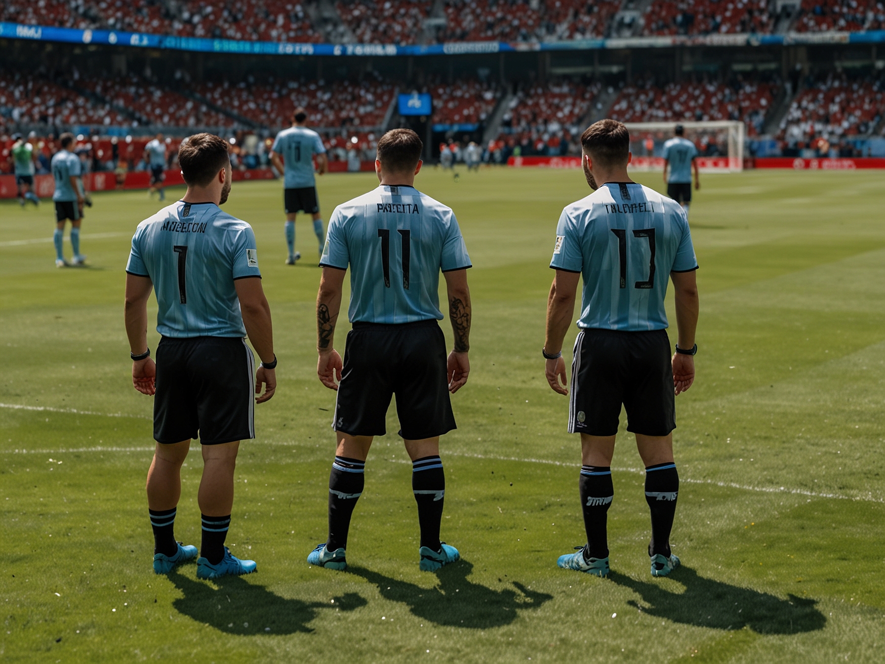 Image of Argentina players inspecting the patchy and uneven grass field at Mercedes-Benz Stadium, visibly frustrated with the playing conditions before the Copa América opener.