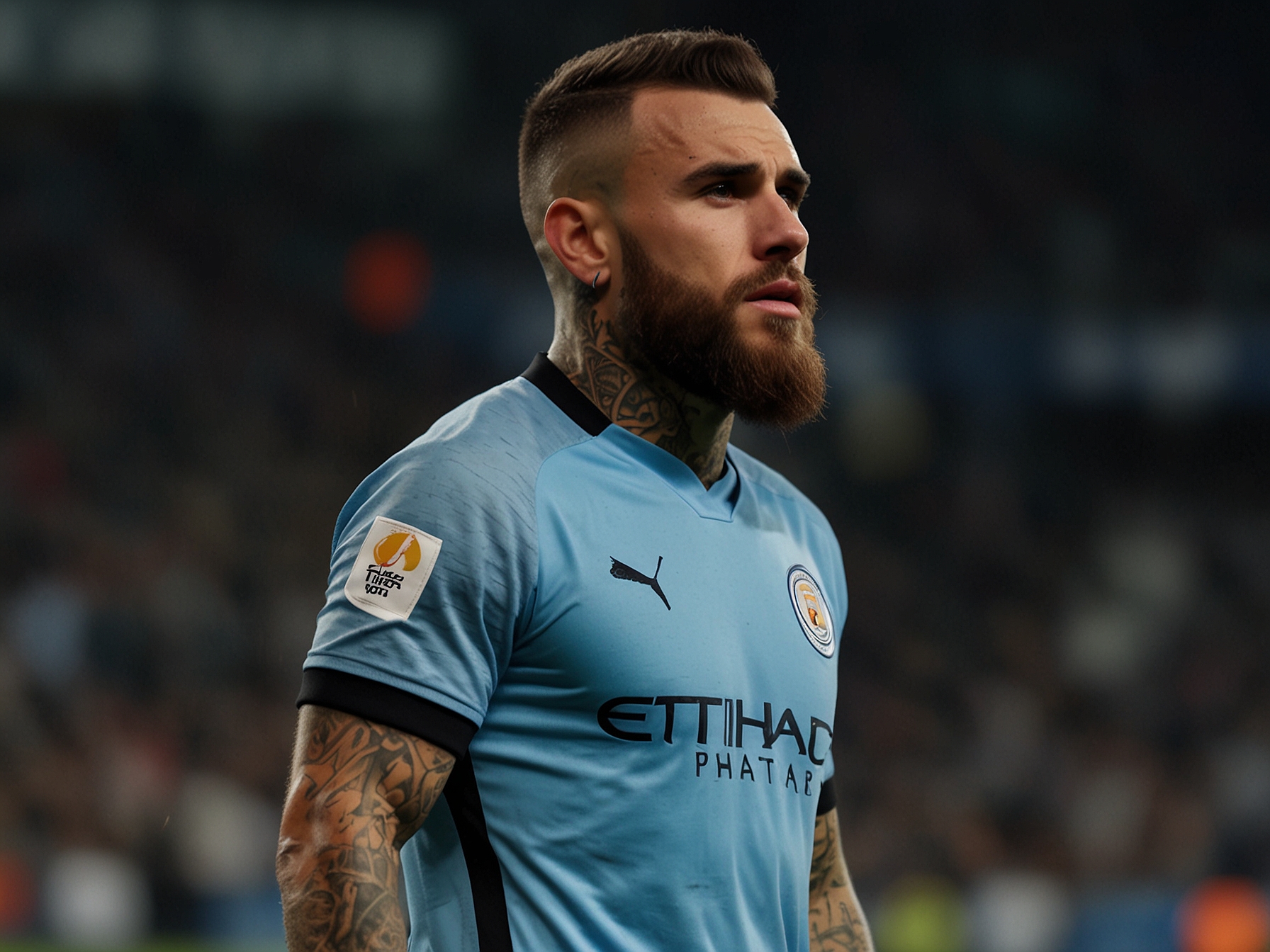 Nicolás Otamendi expressing strong dissatisfaction during a post-match interview, highlighting the player safety risks and calling the temporary pitch a 'disaster' after the match.