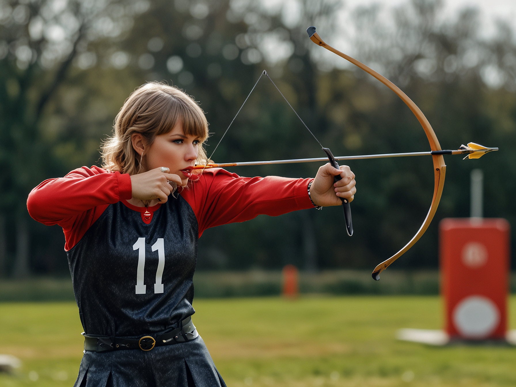 Taylor Swift, dressed in a stylish and comfortable outfit, expertly aims her bow and arrow at an archery range in London, signifying her affection for Travis Kelce with a Kansas City Chiefs target.