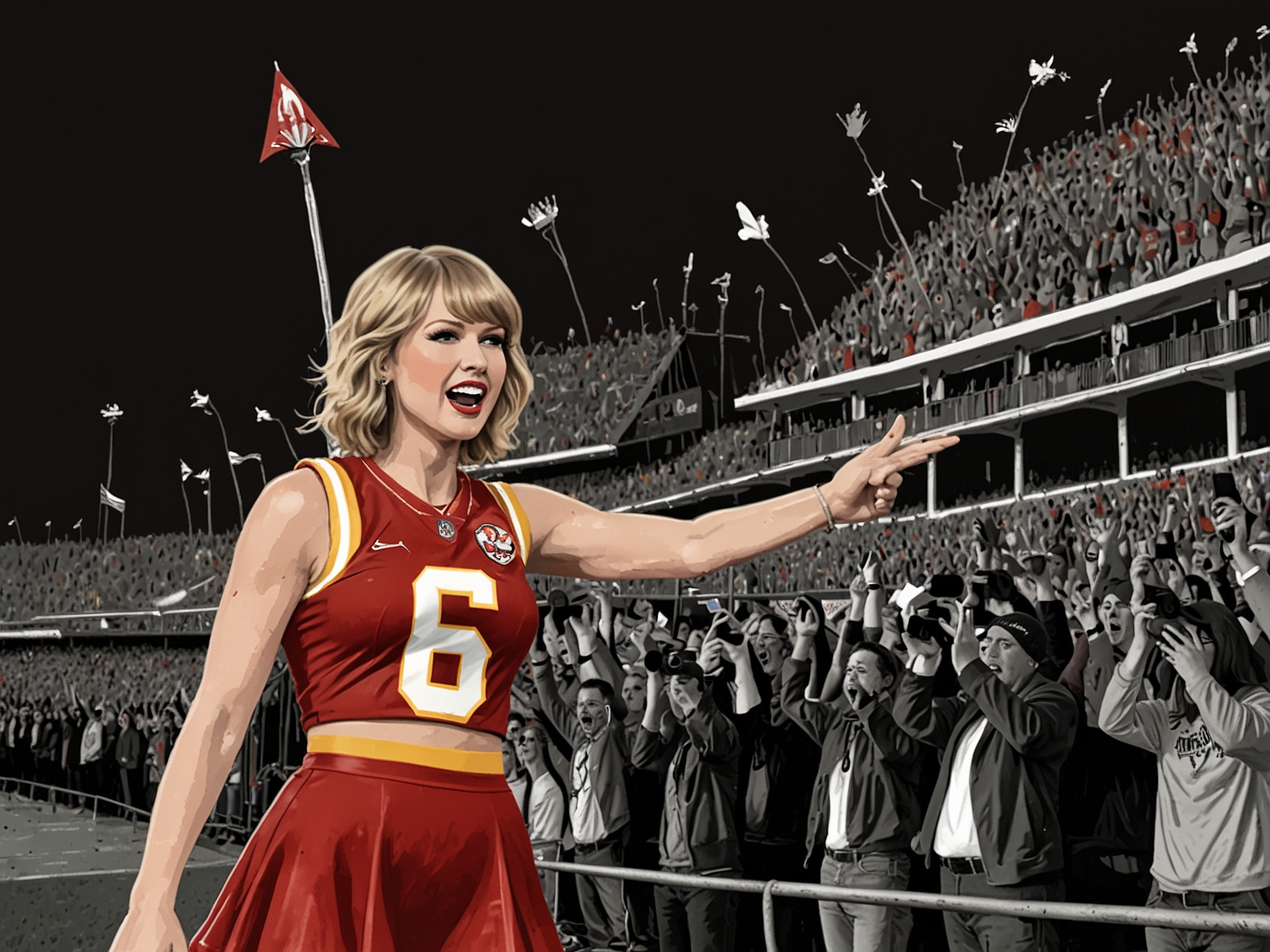 A jubilant crowd of fans and media captures the moment Taylor Swift's arrow hits the Chiefs-themed target, symbolizing her deepening relationship with Travis Kelce amid cheers and applause.