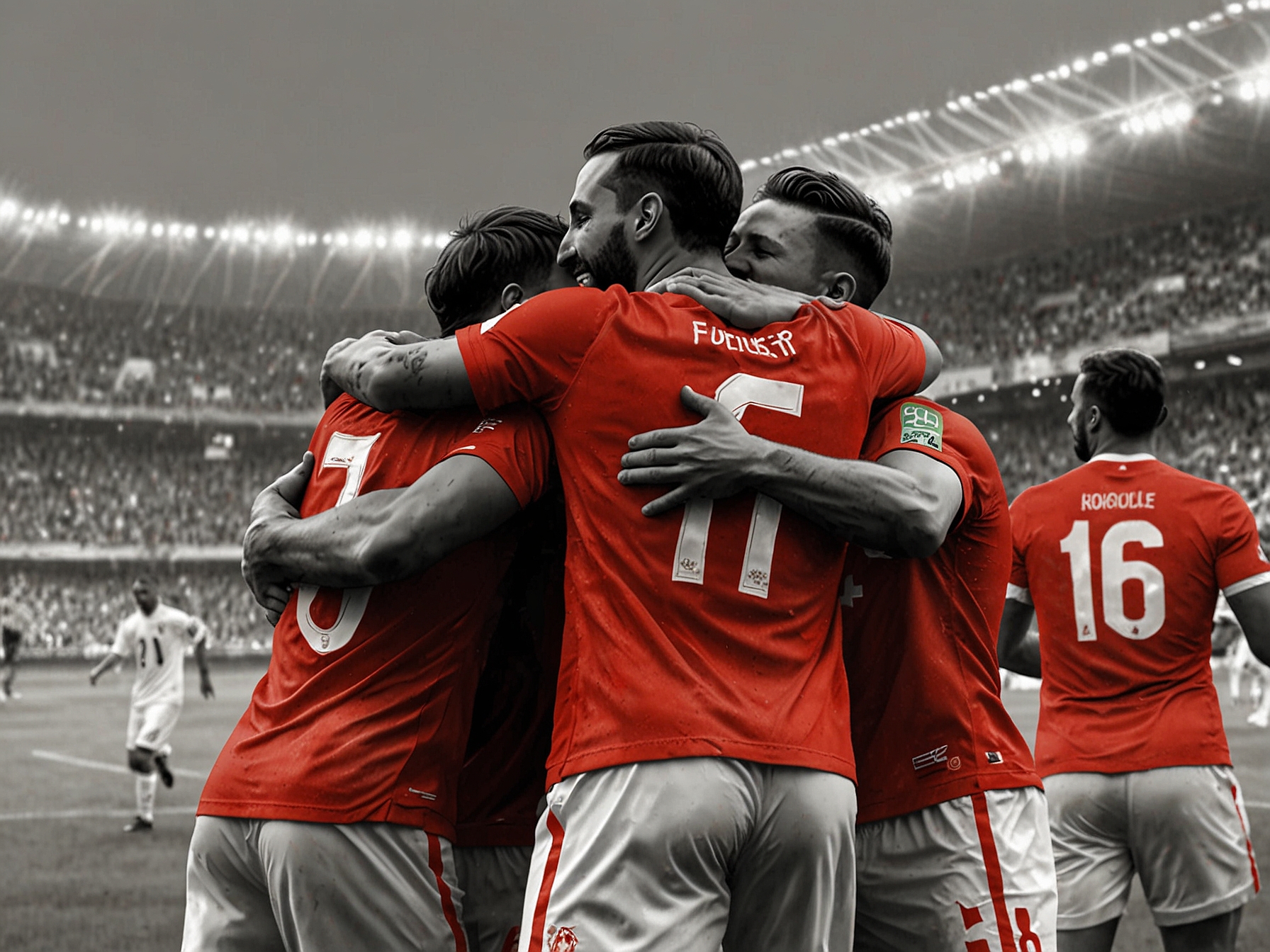 Switzerland's national football team celebrates advancing to the knockout stages of Euro 2024, with players hugging and cheering on the field after a decisive match.