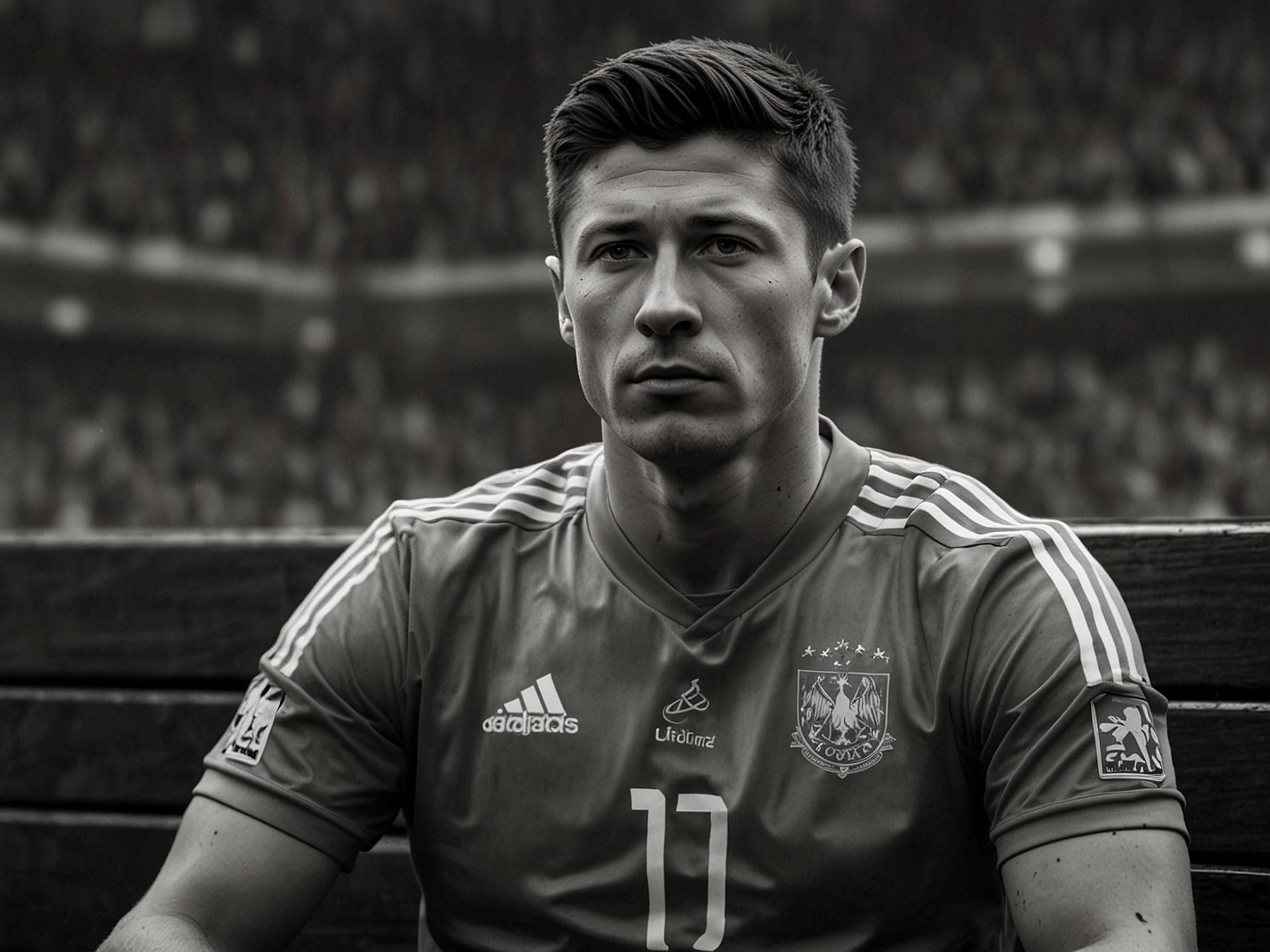 Poland's star striker Robert Lewandowski, visibly animated, sits on the bench, reflecting the shock and strategic depth of the decision made by the Polish manager.